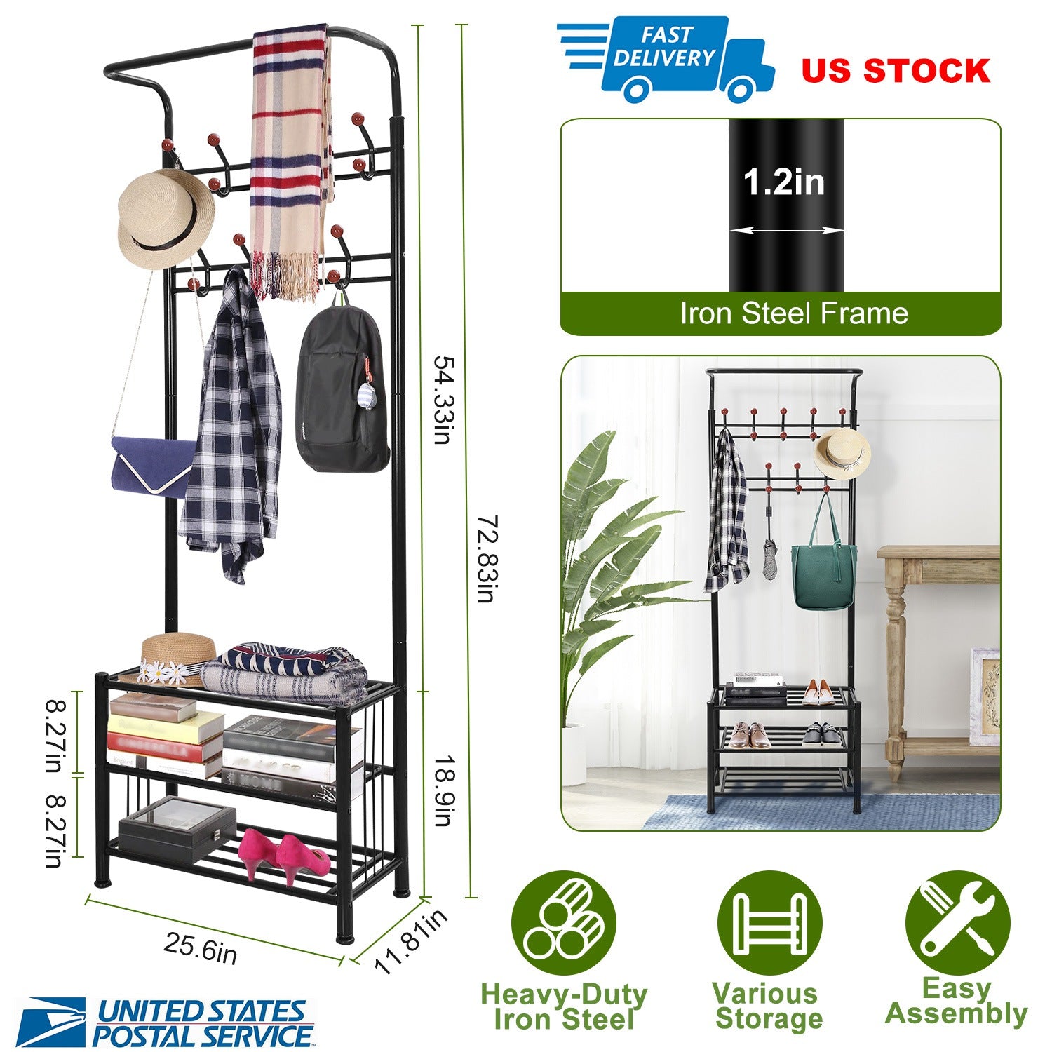 Metal Entryway Coat Shoe Rack Hall Tree w/ 3-Tier Shoe Bench Shoe Storage 18 Hooks Coat Hat Rack