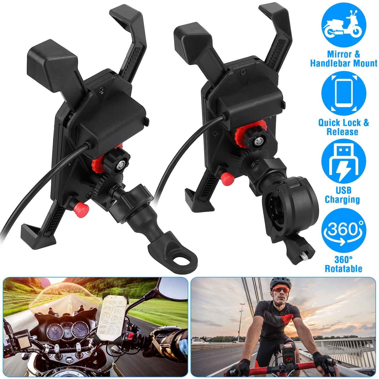 Handlebar Mirror Mobile Phone Holder Bicycle Bike Motorcycle Bracket Mount for 4in-6.5in Screen USB Rechargeable