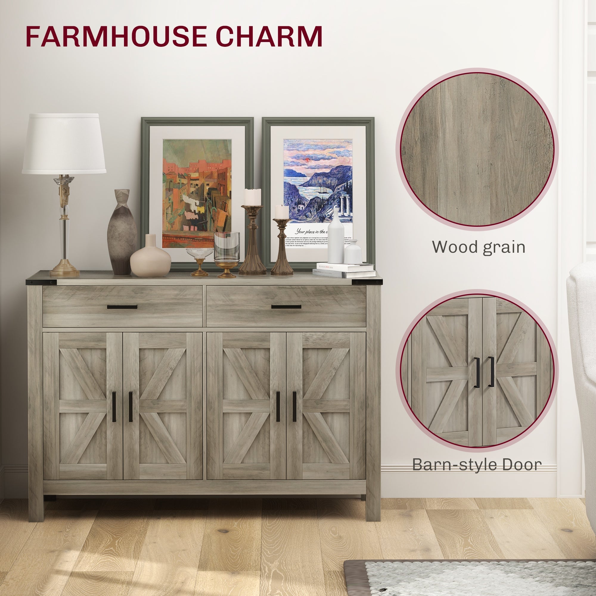 HOMCOM Farmhouse Buffet Cabinet Sideboard with 2 Drawers, 2 Storage Cabinets and Adjustable Shelves, Grey