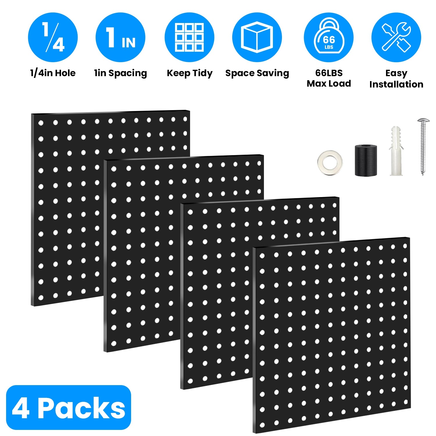 4 Packs Metal Pegboards Black Peg Boards Wall Organizer Panel Board Storage Hanger Tool with 1” Spacing 1/4” Hole for Office Garage Basement Craft Roo