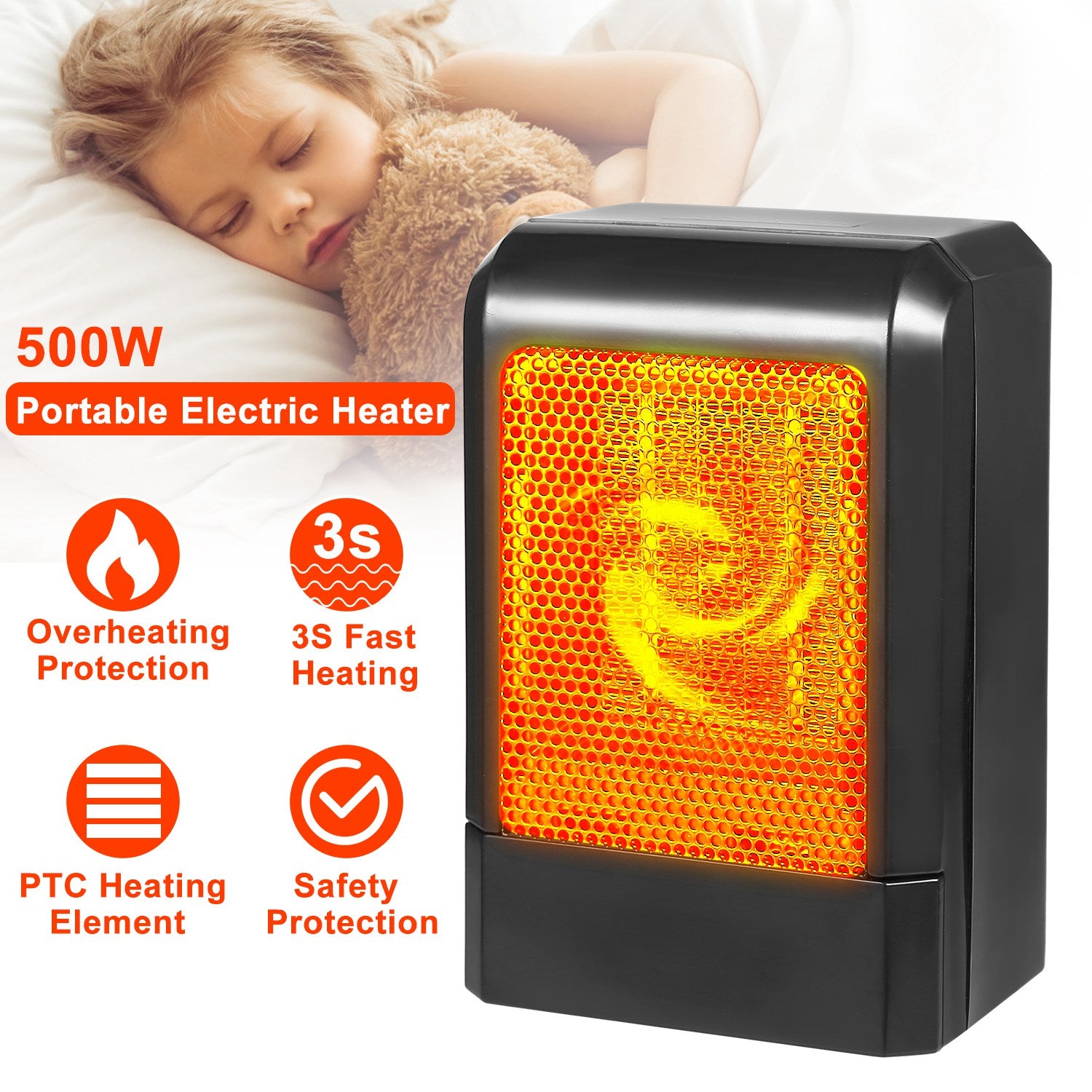 500W Portable Electric Heater PTC Ceramic Heating Fan 3S Heating Space For Home Office Use