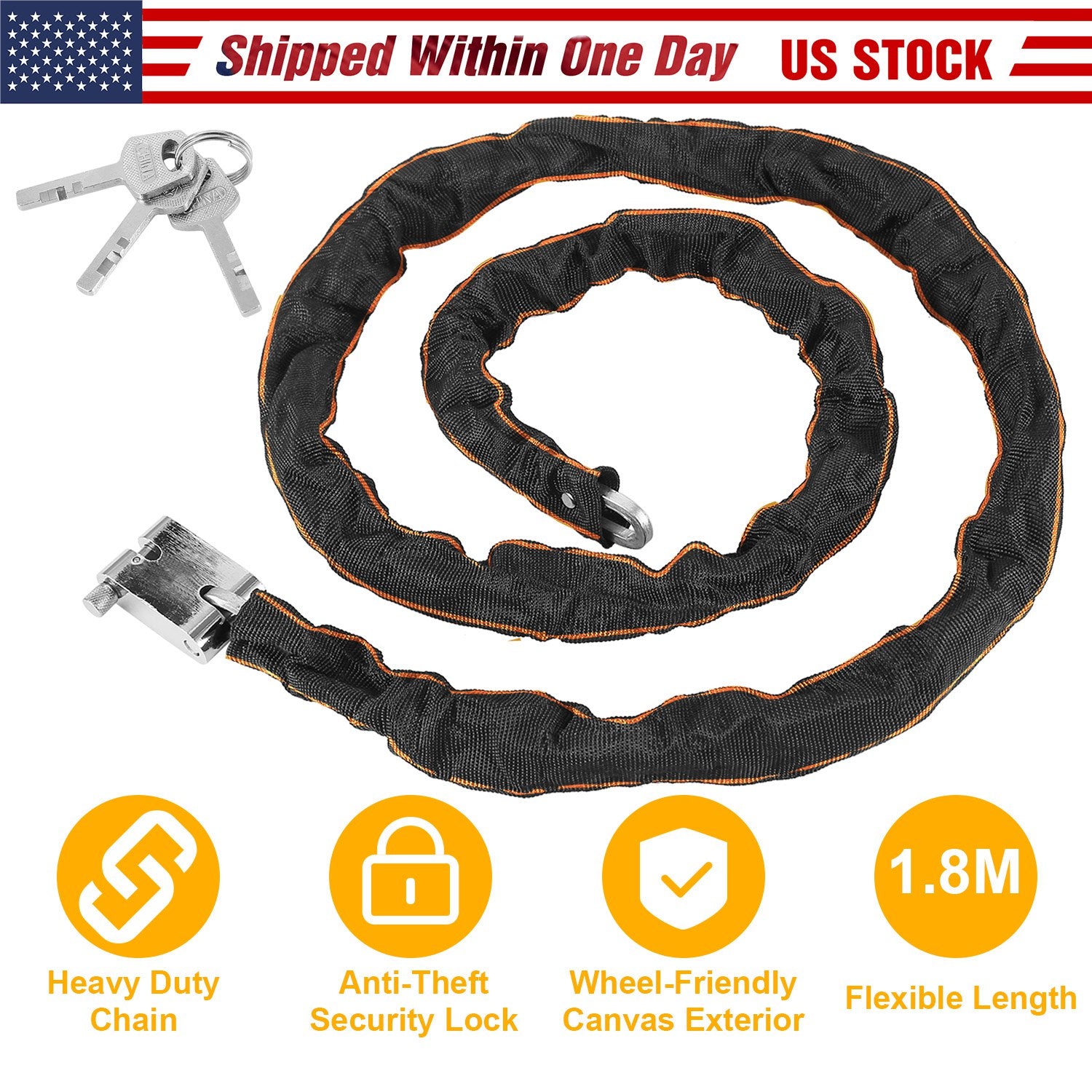 1.8M Bike Chain Lock w/ 3 Keys Heavy Duty Security Lock Bicycle Motorcycle Motor Bike Chain Lock