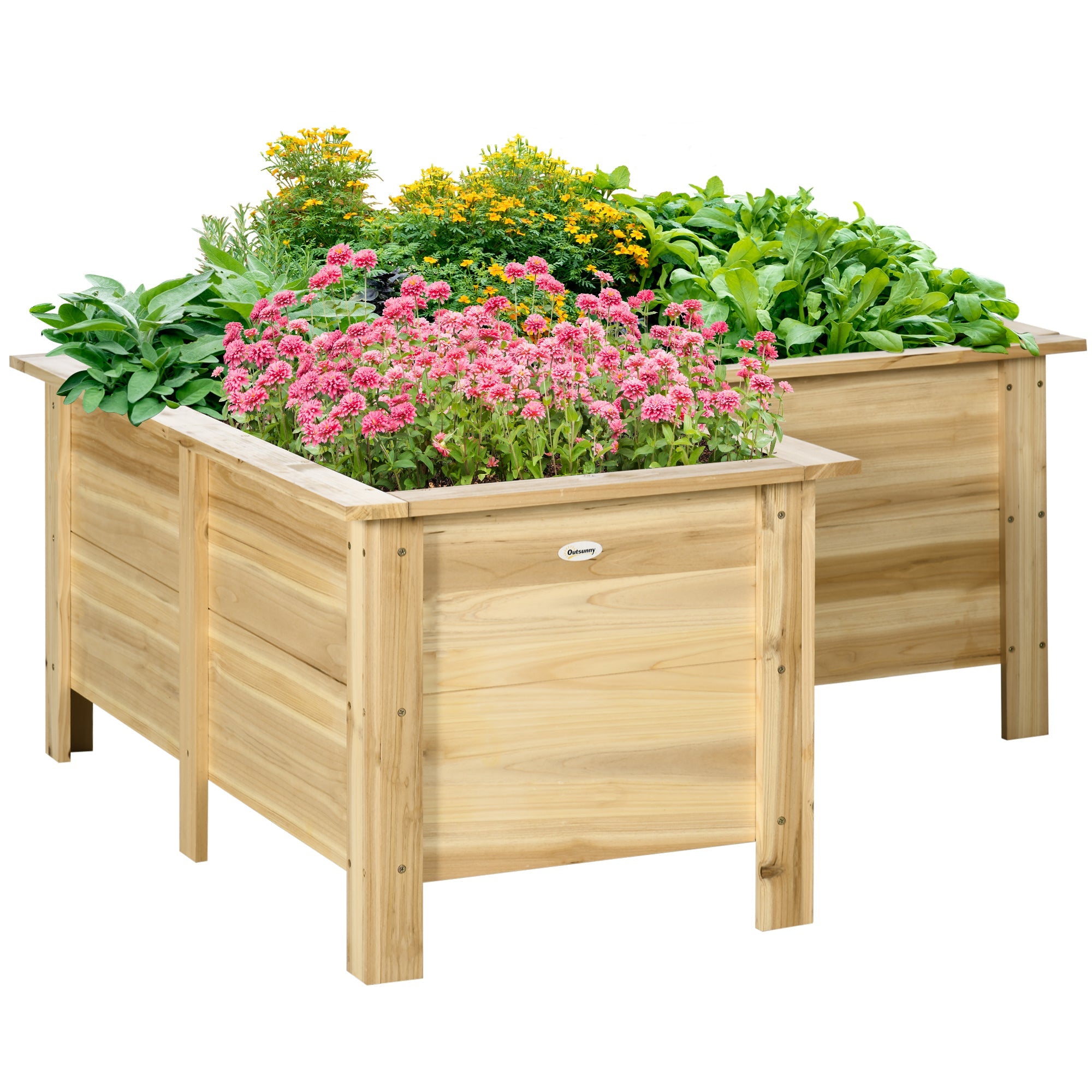 Outsunny Raised Flower Bed, Wooden Elevated Garden Planter with Legs for Backyard Flowers, L-shaped, Natural