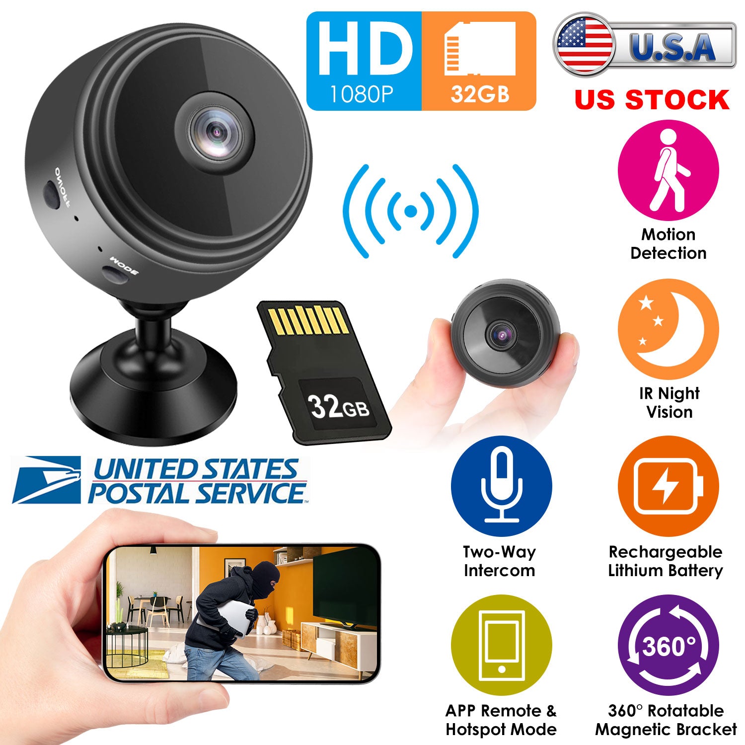 Mini Camera Wireless Wifi IP Home Security Cam 1080P Full HD Surveillance Camera Nanny Cam w/ 32G MMC Card