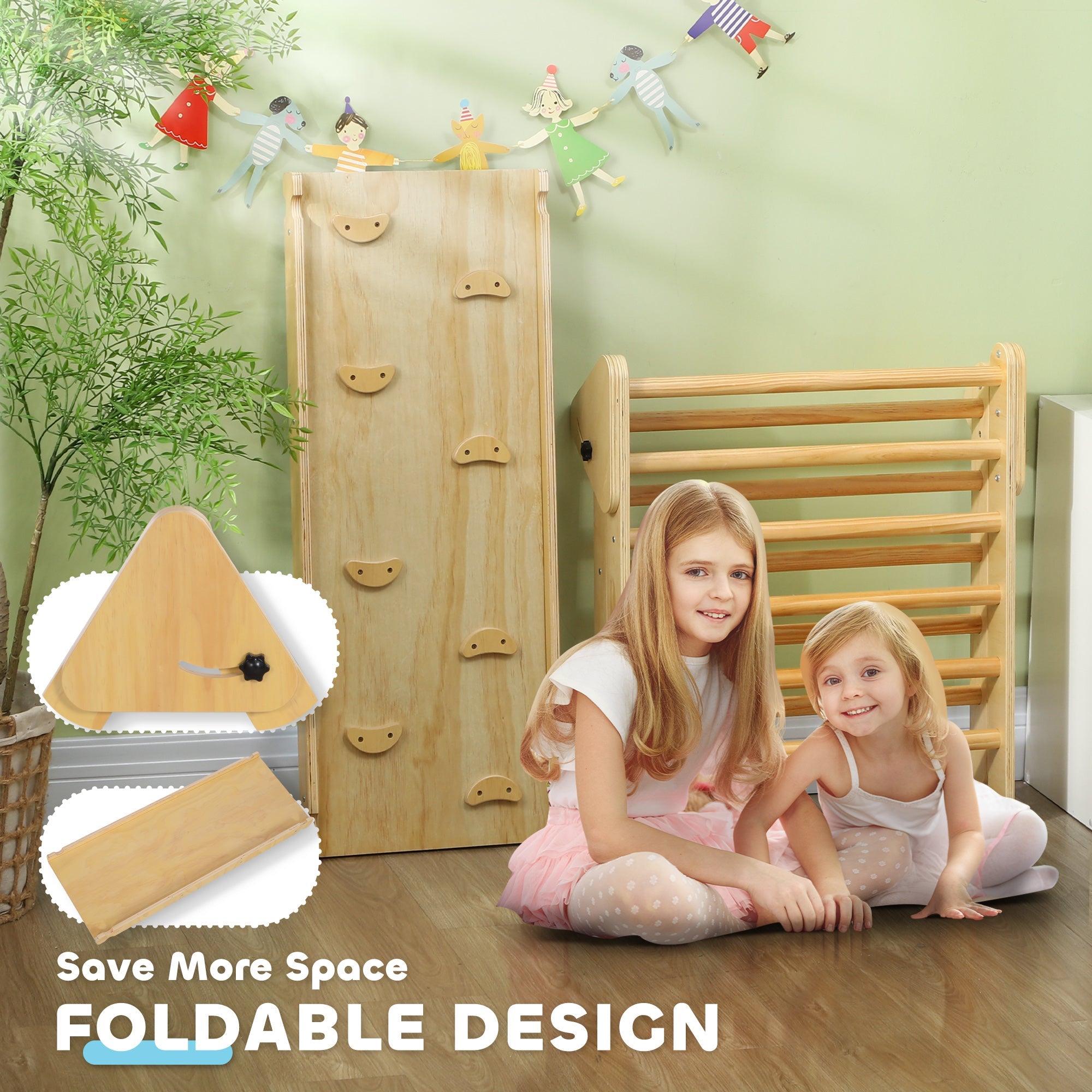 Qaba Pikler Triangle Set, 2 in 1 Climbing Toys with Ramp for Toddlers, Nature Wood