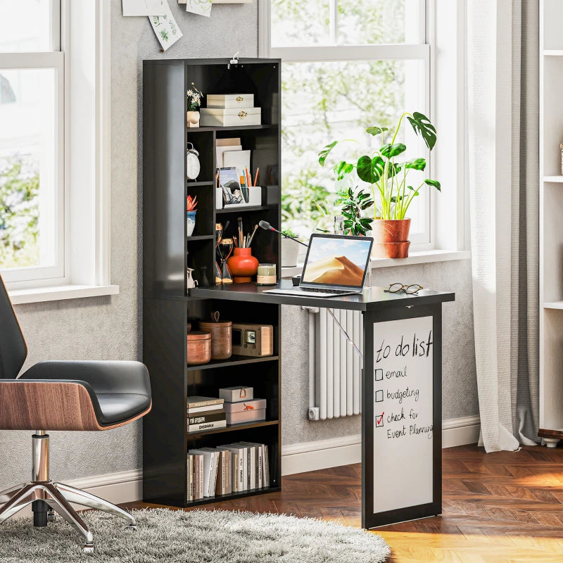 Wall Mounted Fold-Out Convertible Office Desk with Storage Shelves & Blackboard – Black