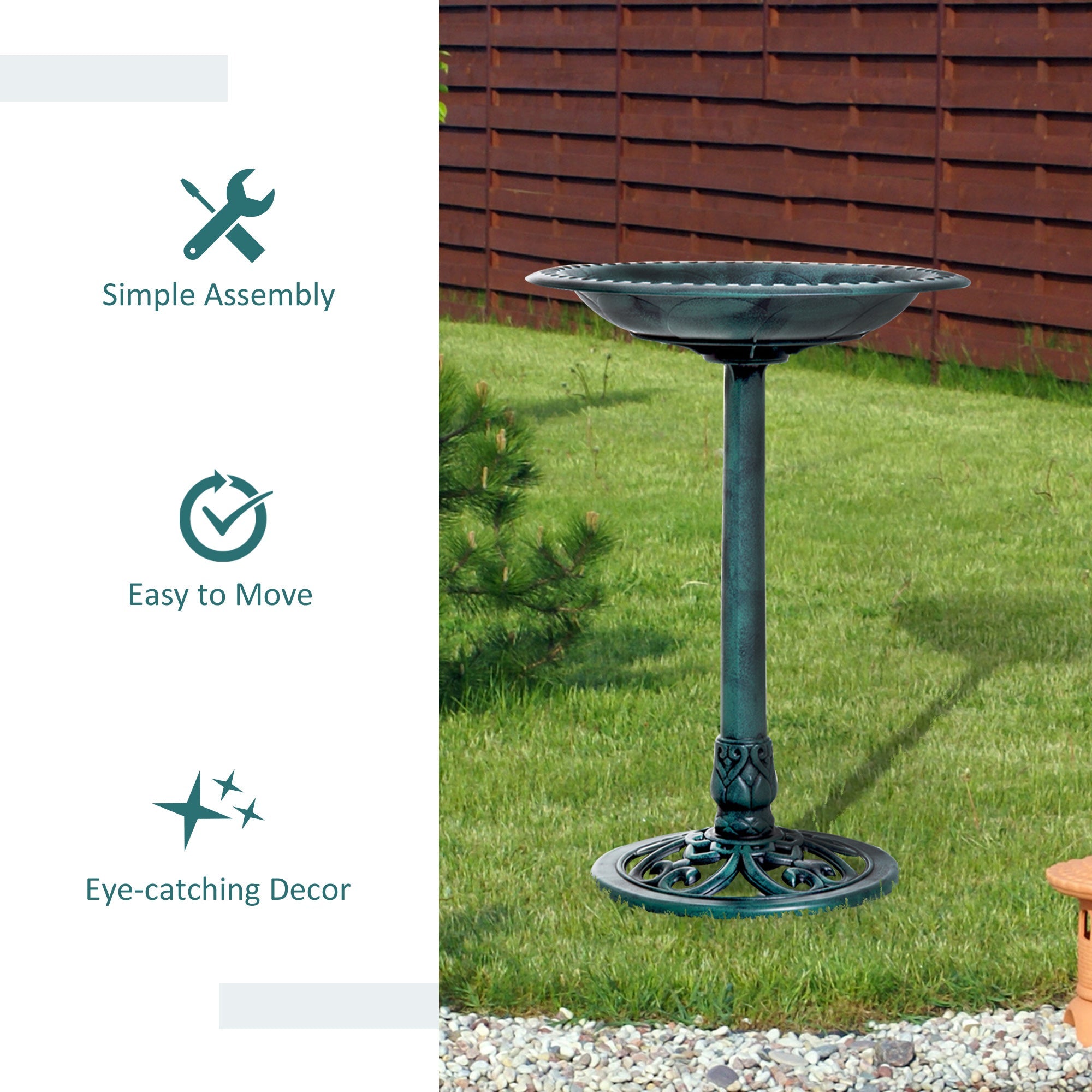 Outsunny 27'' Bird Bath with Fleur De Lis Design, Outdoor Resin Decor, Time-Worn Finish - Enhance Your Garden's Charm
