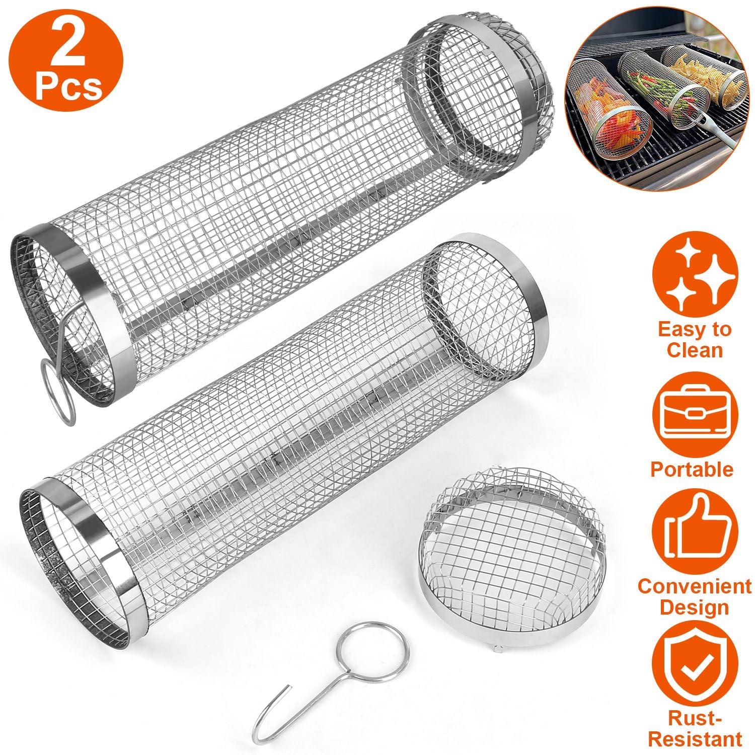 2Pcs 3.42x11.61Inch Portable BBQ Rolling Basket Round Stainless Steel Grill Mesh Barbecue Net Tube with Removable Cover Outdoor Camping