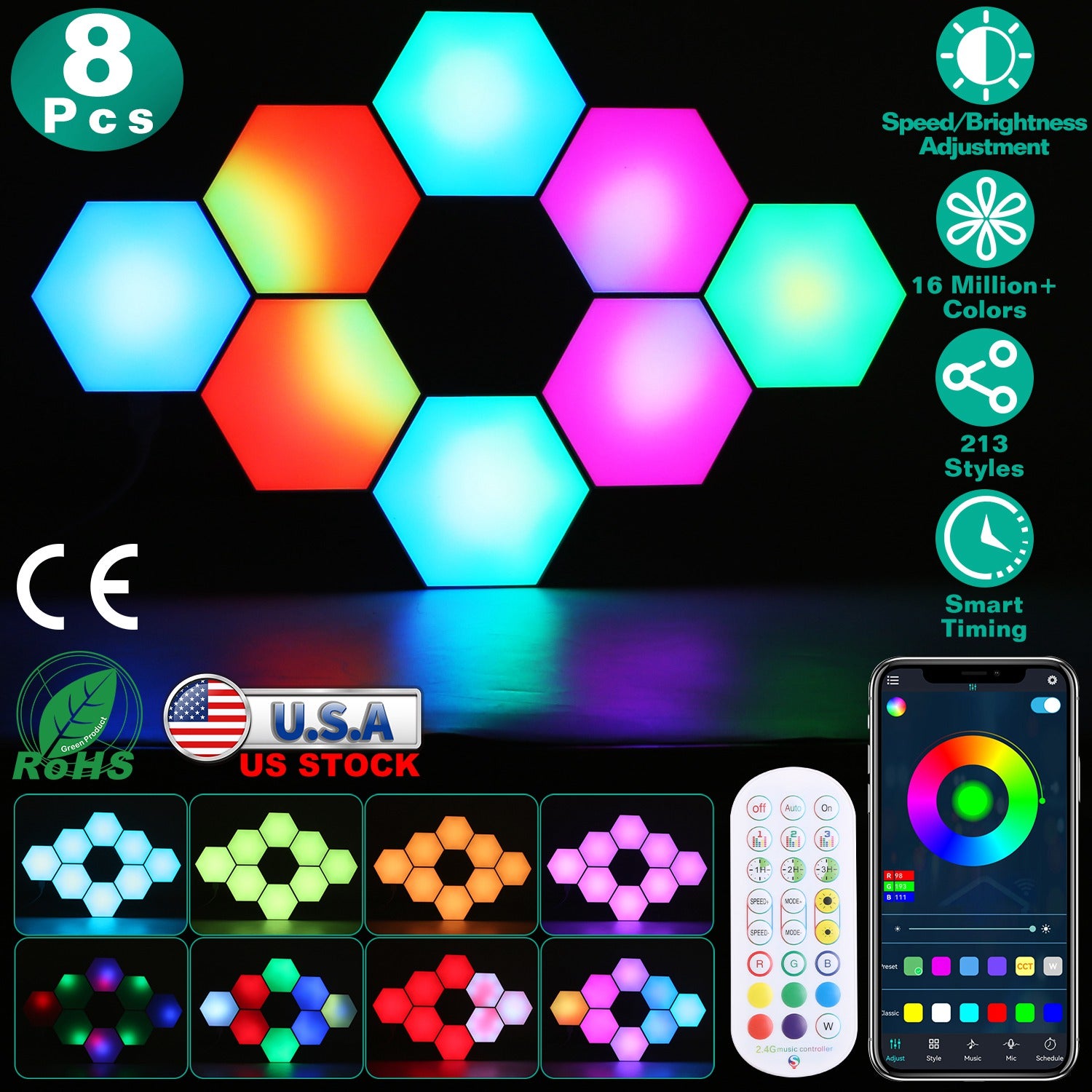 8Pcs Hexagon Light Panels RGBW Colorful Splicing Wall Lamps App Remote Line Control Timing Decorative Gaming Light Music Sync Lamps
