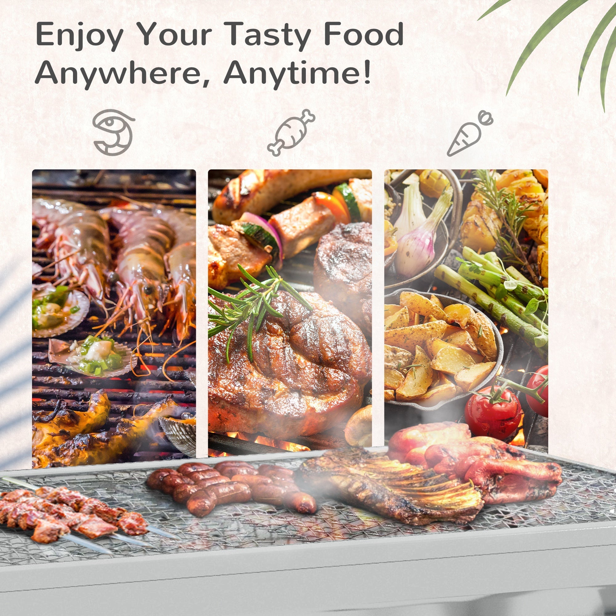 Outsunny Charcoal Grill Stainless Steel 37.8" x 13.4" Portable BBQ with Handles Tongs Cooking Camping Picnic Silver