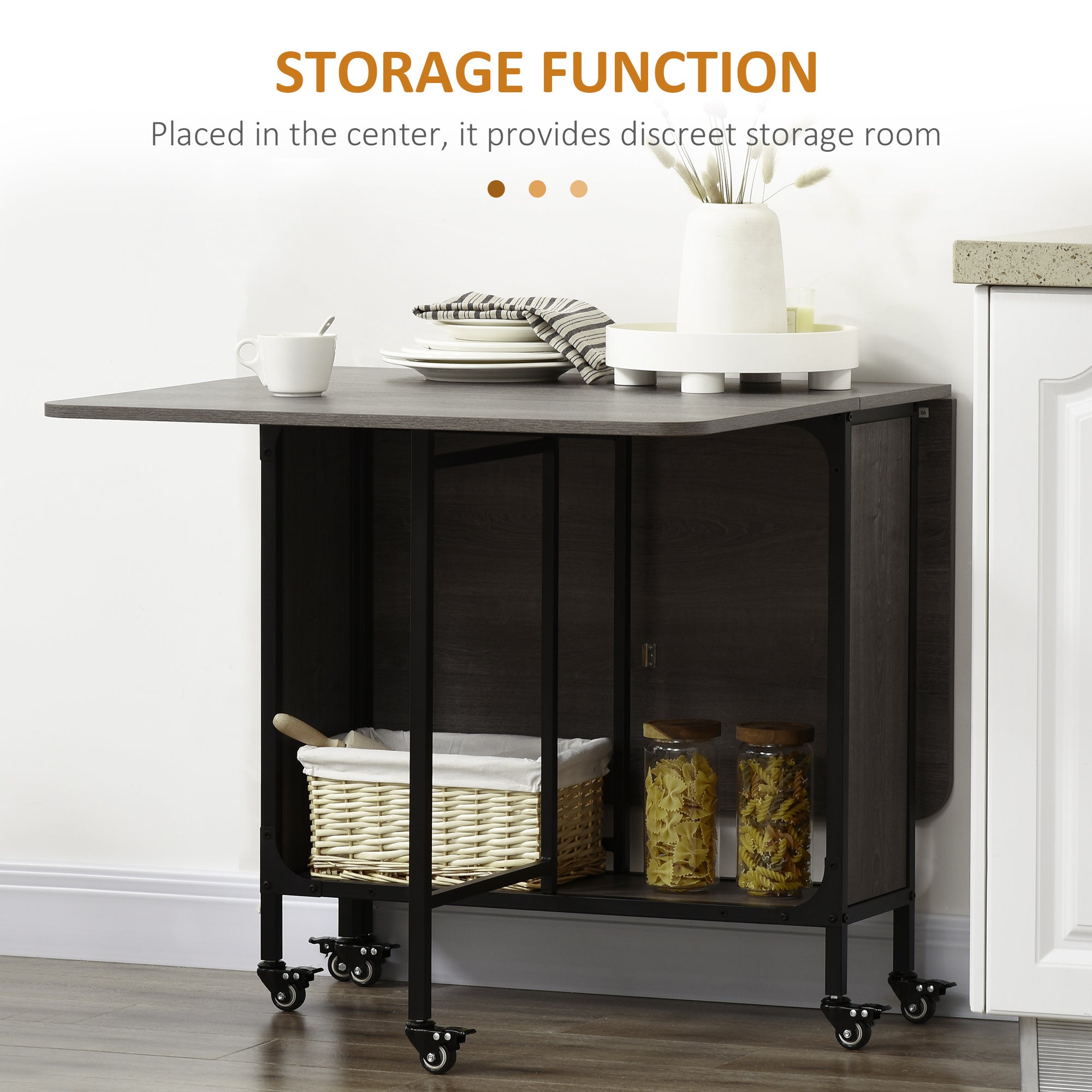 HOMCOM Folding Dining Versatility: Mobile Drop Leaf Extendable Kitchen Table for Small Spaces, Storage Shelf, 6 Wheels, Grey Finish