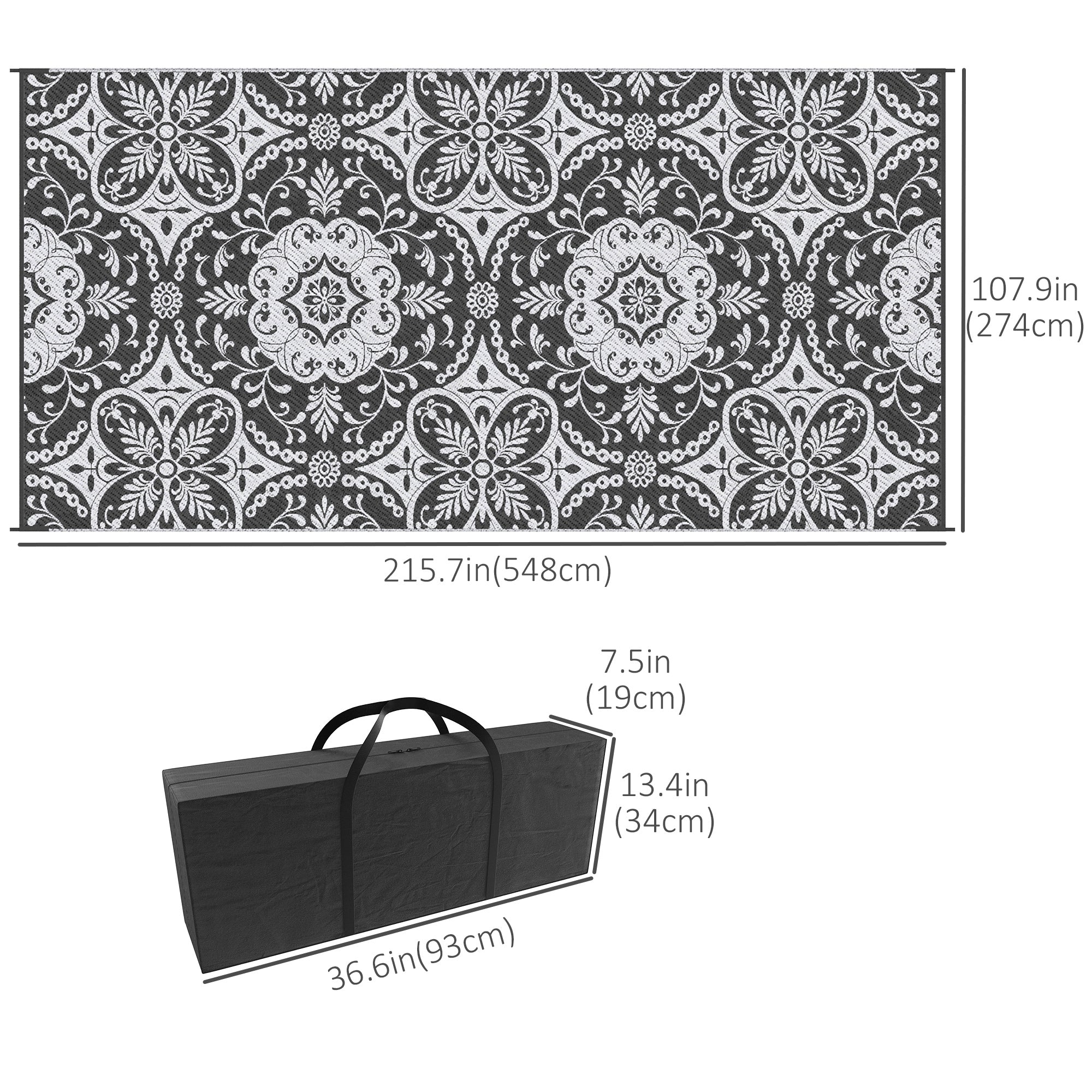 Outsunny Reversible Outdoor Mat 9x18 ft Waterproof Portable Rug with Carry Bag for RV Camping Deck Grey