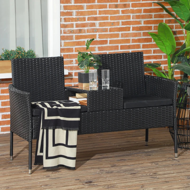 Patio Furniture w/ Mid-Table PE Rattan Loveseat w/ Cushion, Black