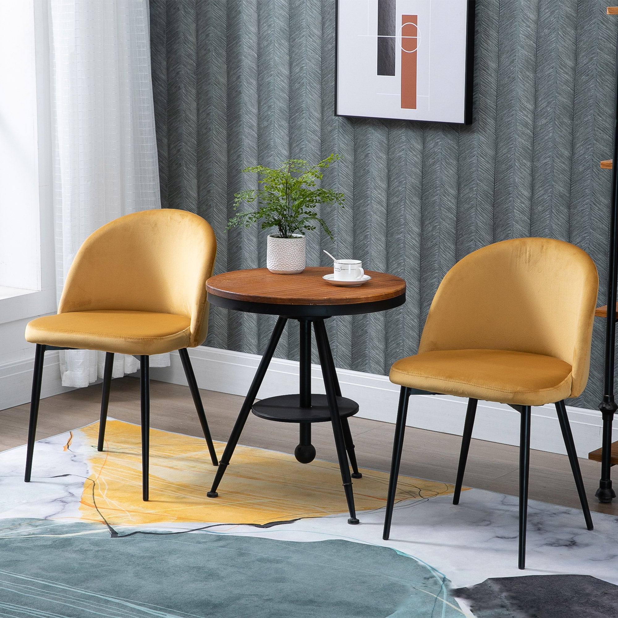 HOMCOM Set of 2 Modern Dining Chairs Velvet Upholstery Side Accent Chair Yellow