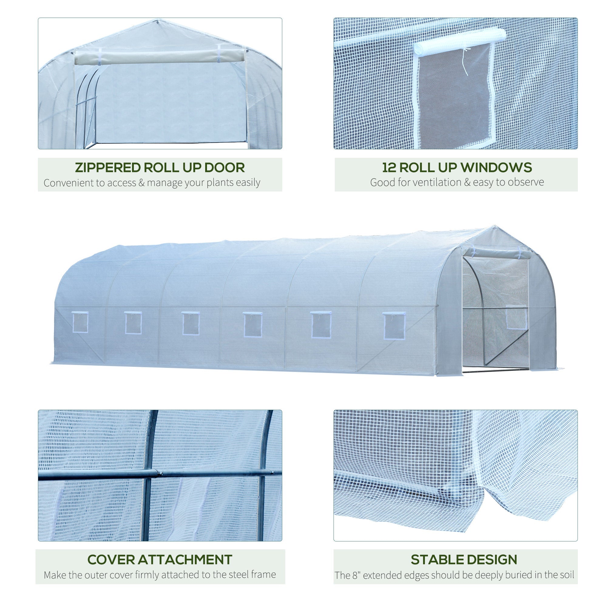 Outsunny 26'L x 10'W x 6.8' H Large Steeple Walk-In Greenhouse Hoop House Tunnel Grow Tent Premium Steel Frame White