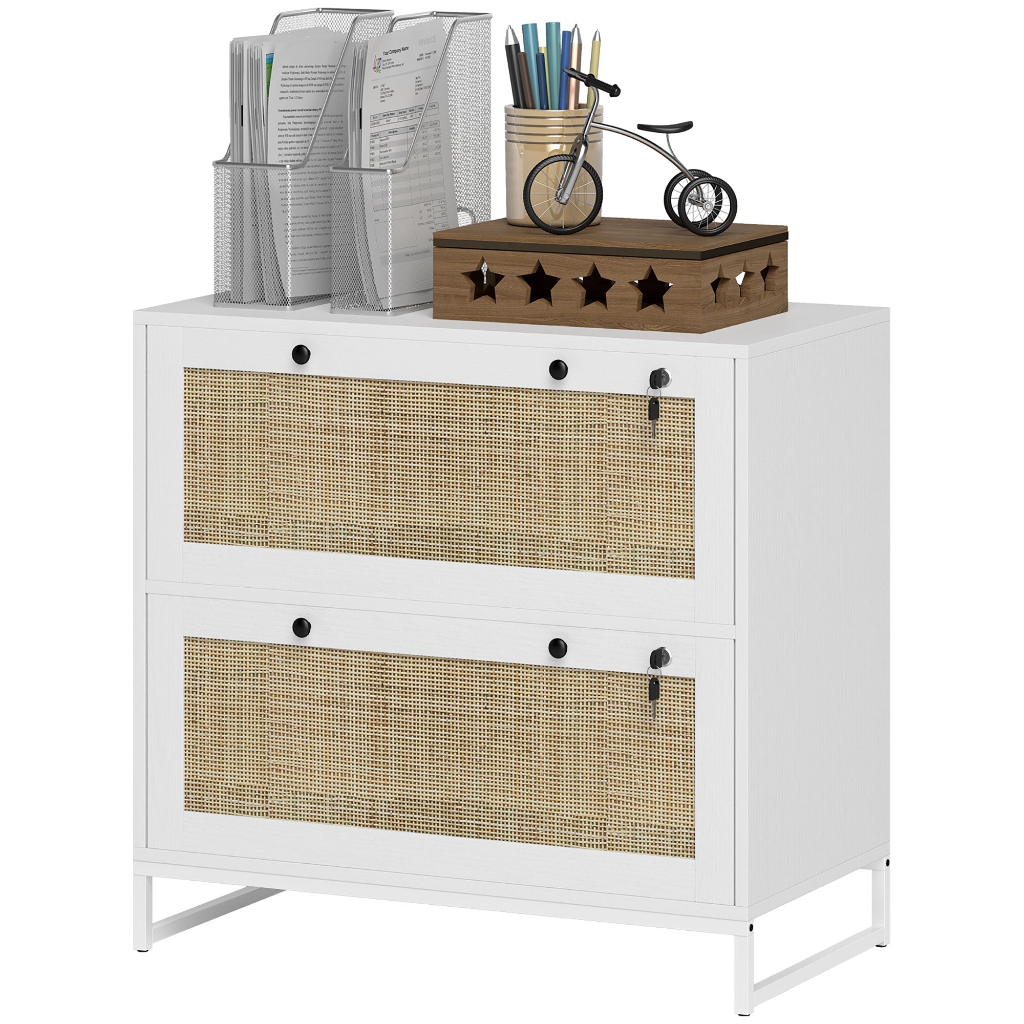 Vinsetto 2-Drawer Filing Cabinet with Lock, Rattan File Cabinet with Adjustable Hanging Bar, White