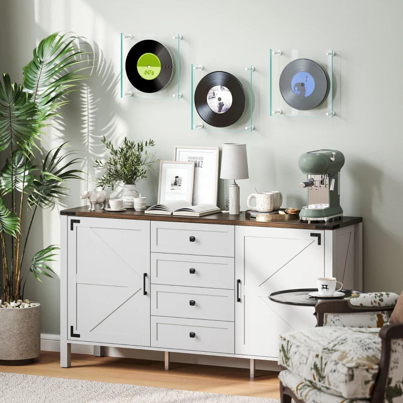 59" Buffet Cabinet, Farmhouse Sideboard with Thick Top, 2 Barn Doors, 4 Drawers and 2 Adjustable Shelves, White