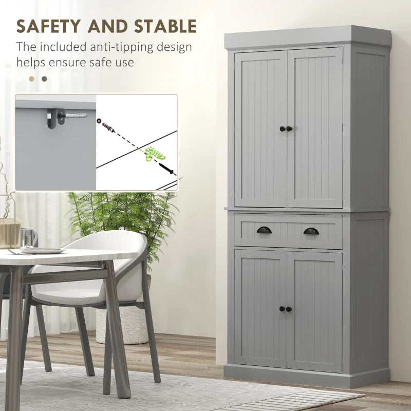 71" Kitchen Pantry Cabinet with LED Lights, 6 Spice Racks, a Drawer and 4 Adjustable Shelves, Grey