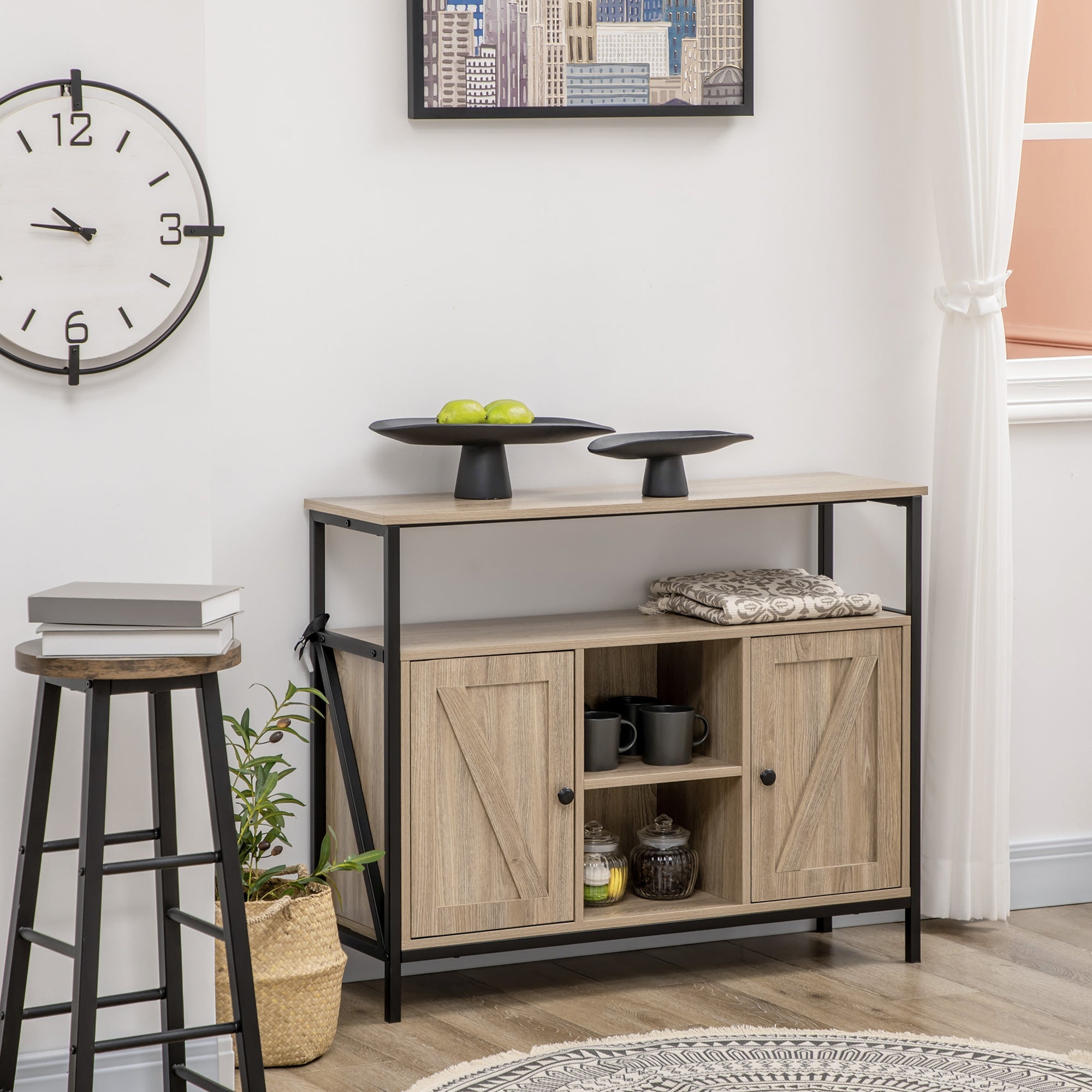 HOMCOM Industrial Chic: Buffet Sideboard Coffee Bar Table with Stemware Rack, Adjustable Shelves for Living Room