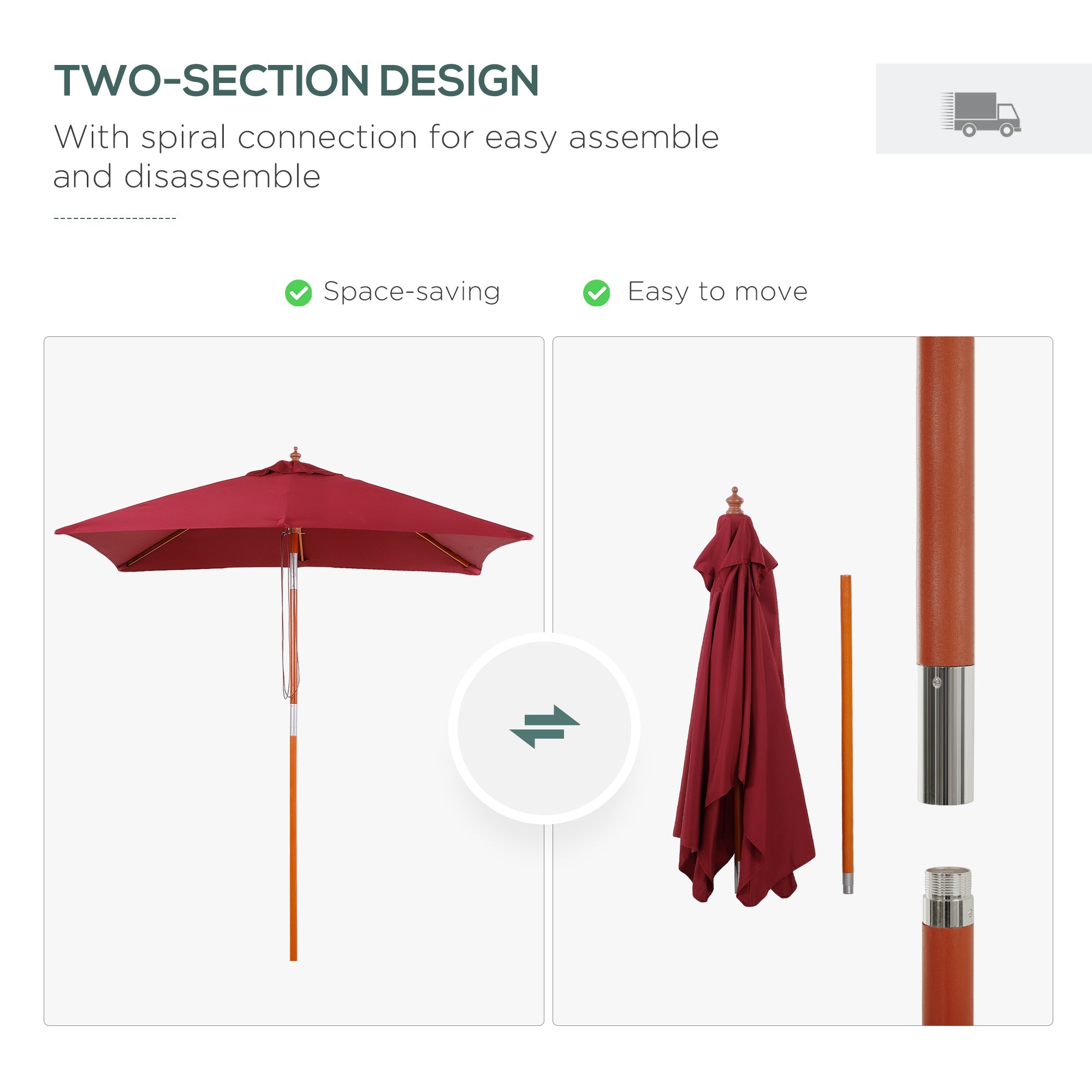 Outsunny 6.6x5ft Square Market Parasol, Wooden Patio Umbrella with Tilt Mechanism and 6 Bamboo Ribs, Garden Sunshade, Wine Red