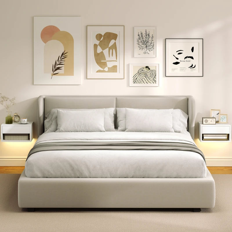 Floating Bedside Table Set of 2 with RGB LED Lights, App-Controlled Wall Mounted Nightstands with Drawer & Open Shelf, White