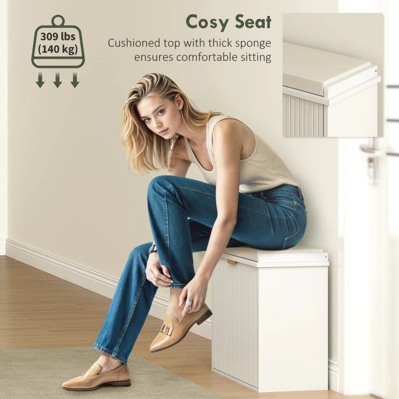Entryway Bench with Padded Seat and Flip-Drawers, Holds up to 265lbs, Shoe Storage Bench for 6 Pairs of Shoes, White