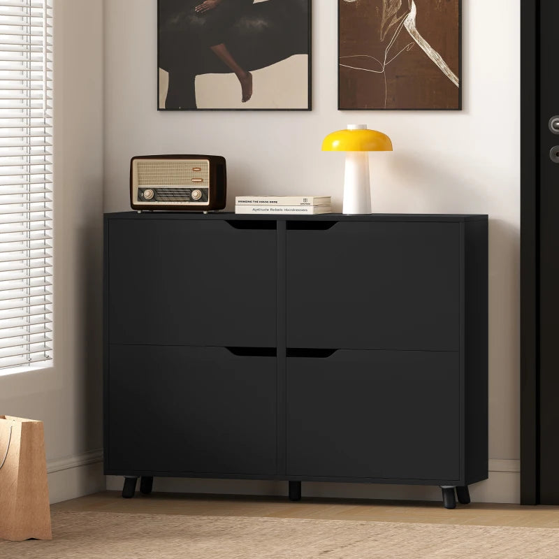Narrow Shoe Cabinet, Shoe Storage Cabinet with 4 Flip Drawers and Adjustable Shelves for 16 Pairs of Shoes, Black