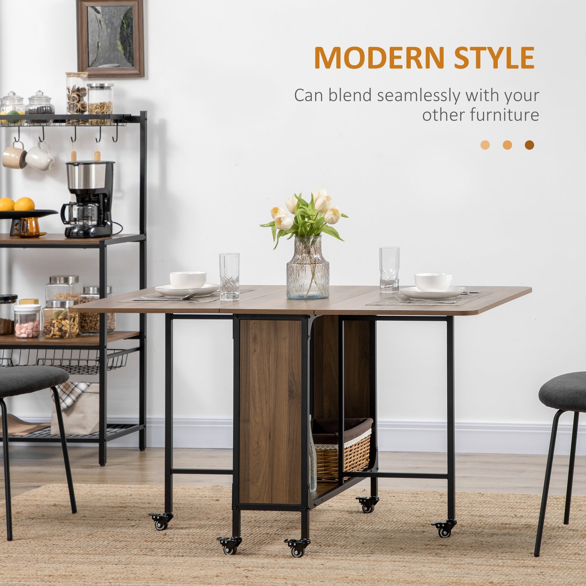 HOMCOM Mobile Folding Extendable Dining Table for Small Spaces Storage Shelf 6 Wheels Space-Saving Design