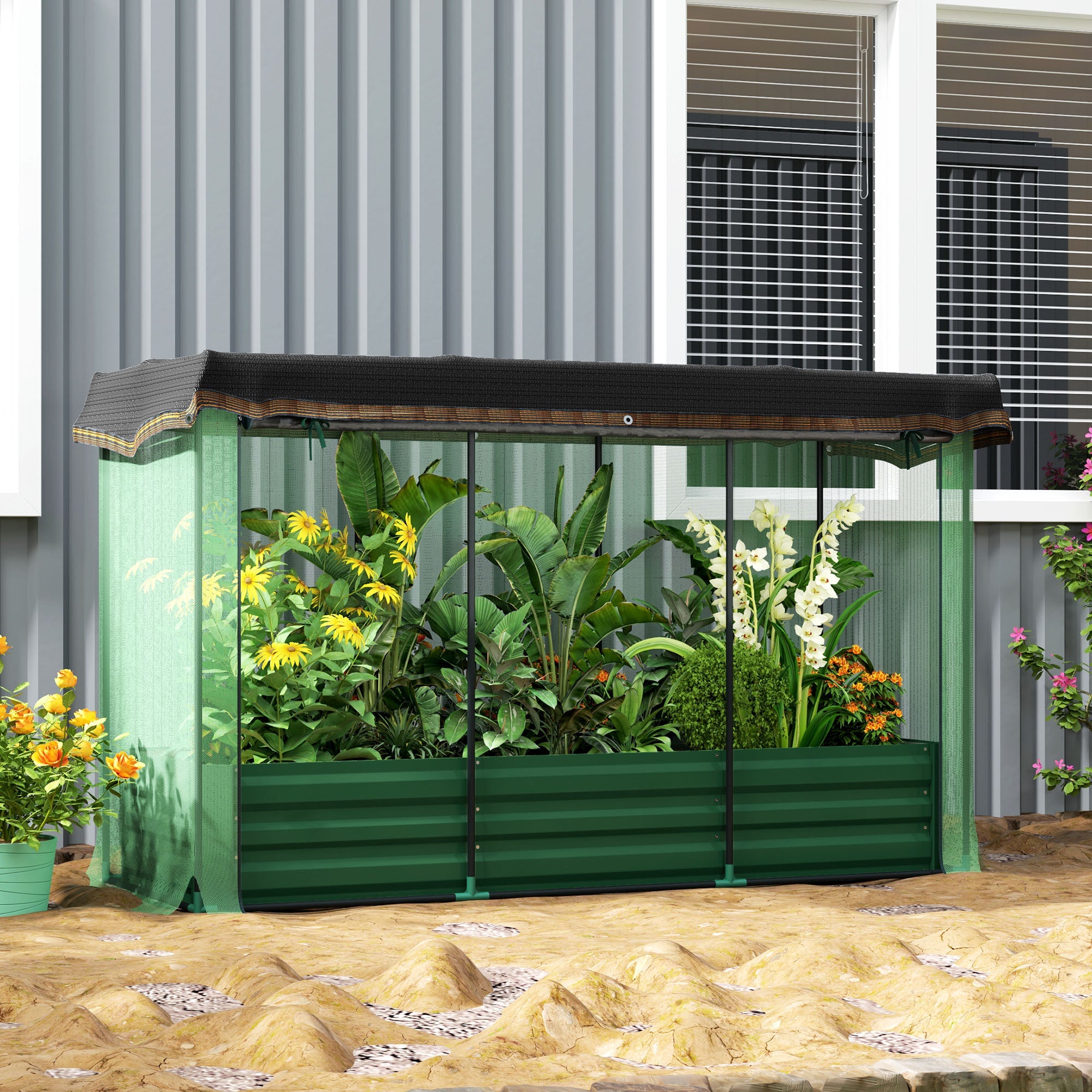 Outsunny Galvanized Steel Planter Box with Crop Cage and Shade Cloth, Raised Garden Bed for Flowers, Vegs and Herbs, Green
