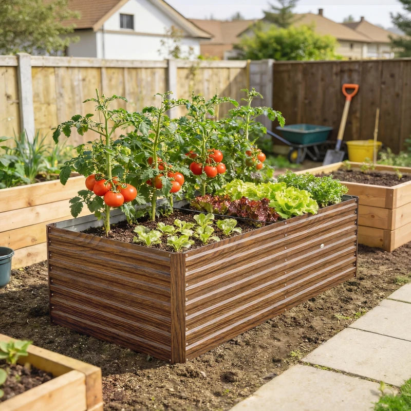 5' x 3' x 2' Raised Garden Bed, Galvanized Planter Box for Growing Flowers, Herbs and Vegetables Dark Brown Wood Effect