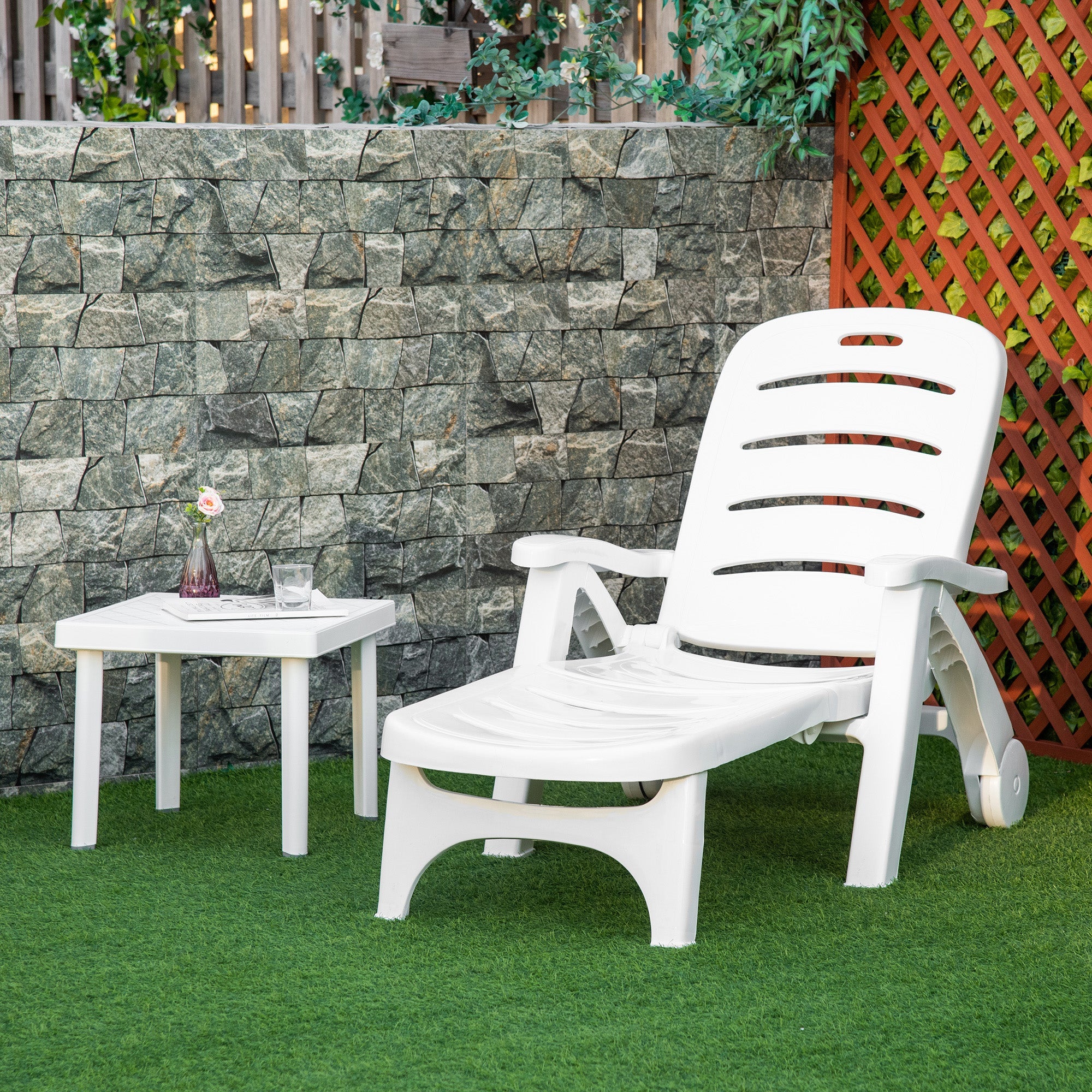 Outsunny Outdoor Folding Chaise Lounge Chair with Wheels, 5 Level Adjustable Backrest for Pool, Beach, Patio, Garden, White