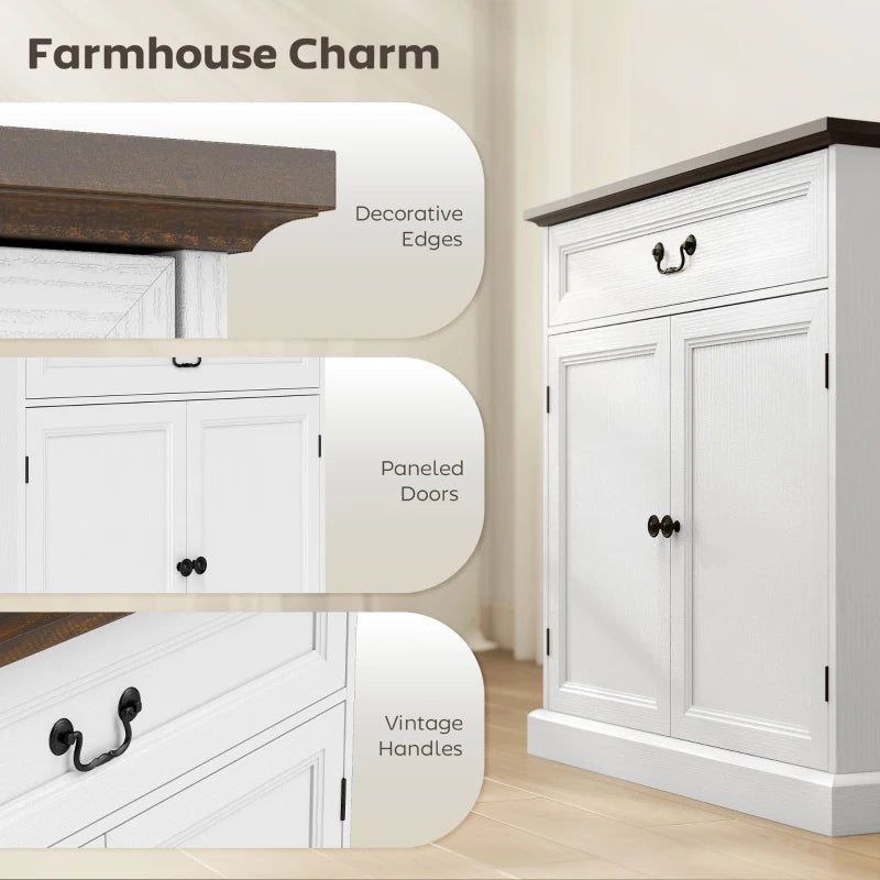 Buffet Cabinet, 32" Farmhouse Sideboard with Thick Top, Quiet Drawer and Adjustable Shelf, White Wood Grain