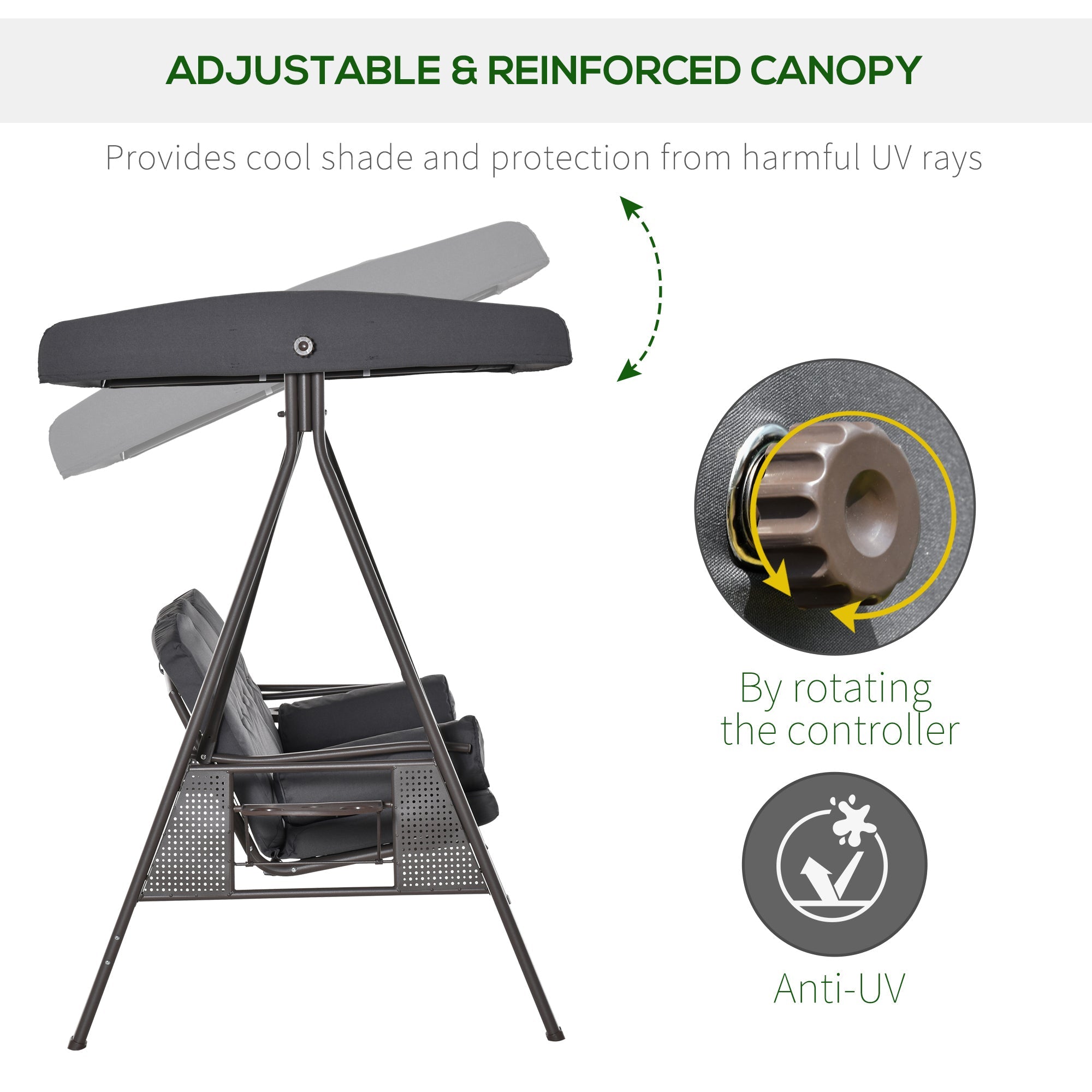 Outsunny Outdoor Patio 3-Person Steel Canopy Cushioned Seat Bench Swing with Included Side Trays & Padded Comfort, Dark Grey