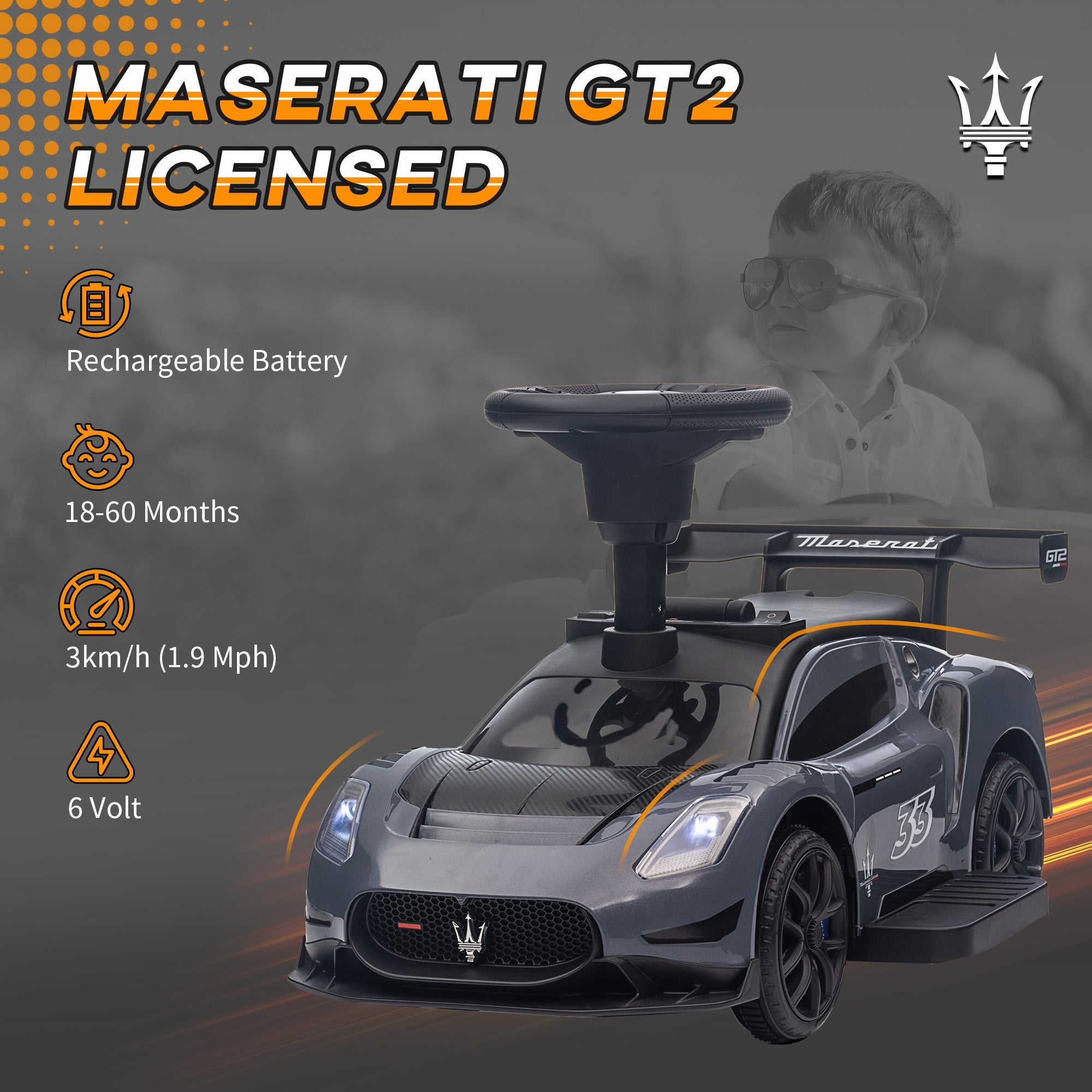Qaba 6V Maserati GT2 Licensed Electric Car for Kids, Ride on Car with Under Seat Storage, LED Headlights Music, Grey