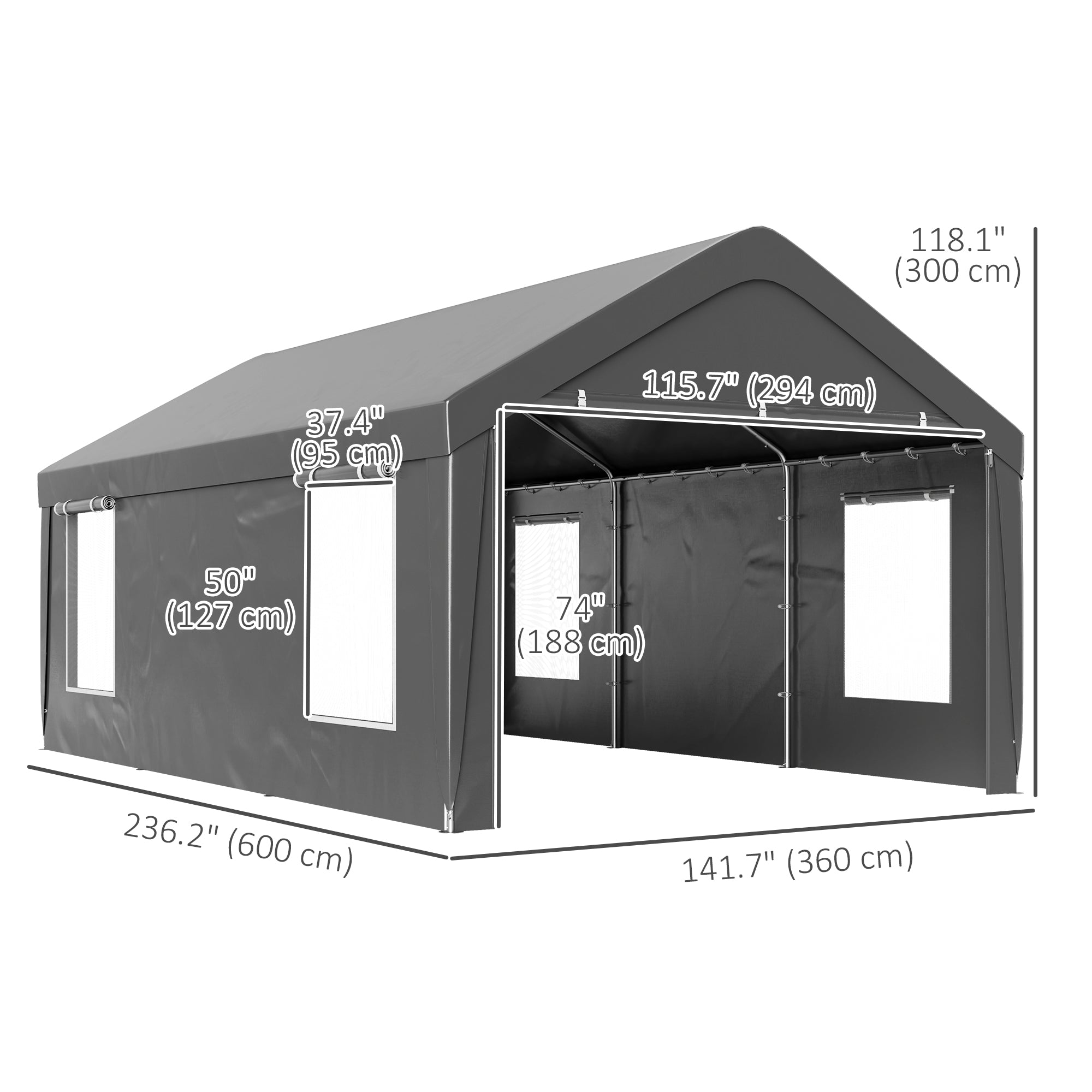 Outsunny 12 x 20ft Carport with 2 Roll-Up Doors, 4 Windows, Portable Garage with Removable Sidewalls for Car, Truck, Dark Grey