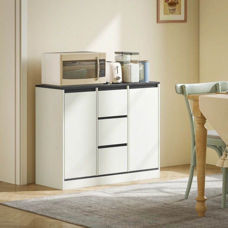 Buffet Cabinet with Soft-Close Hinges, Modern Sideboard with 3 Drawers and 2 Adjustable Shelves, White Wood Grain