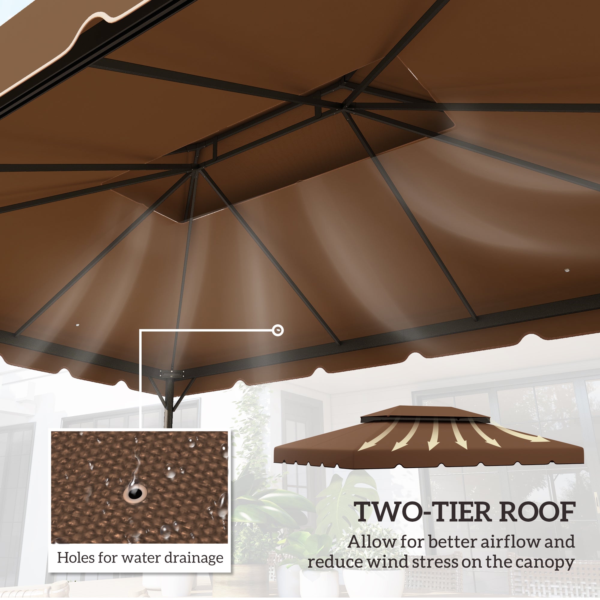Outsunny 12.8' x 9.5' Gazebo Replacement Canopy, Gazebo Top Cover with Double Vented Roof for Garden Patio Outdoor (TOP ONLY), Coffee