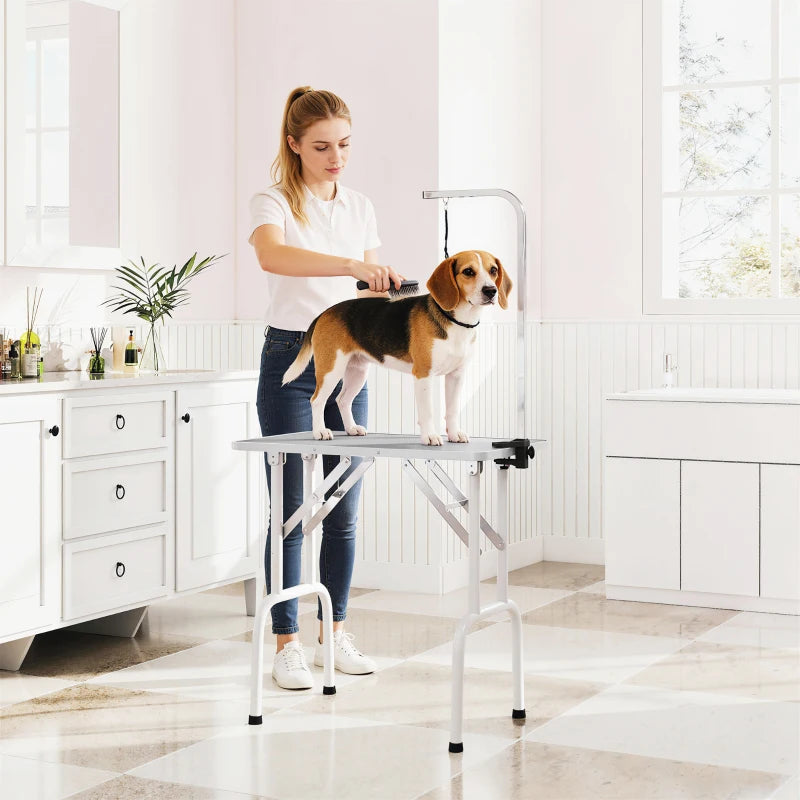 Foldable Pet Grooming Table for Dogs Cats with Adjustable Arm, Non-slip Surface, Grey