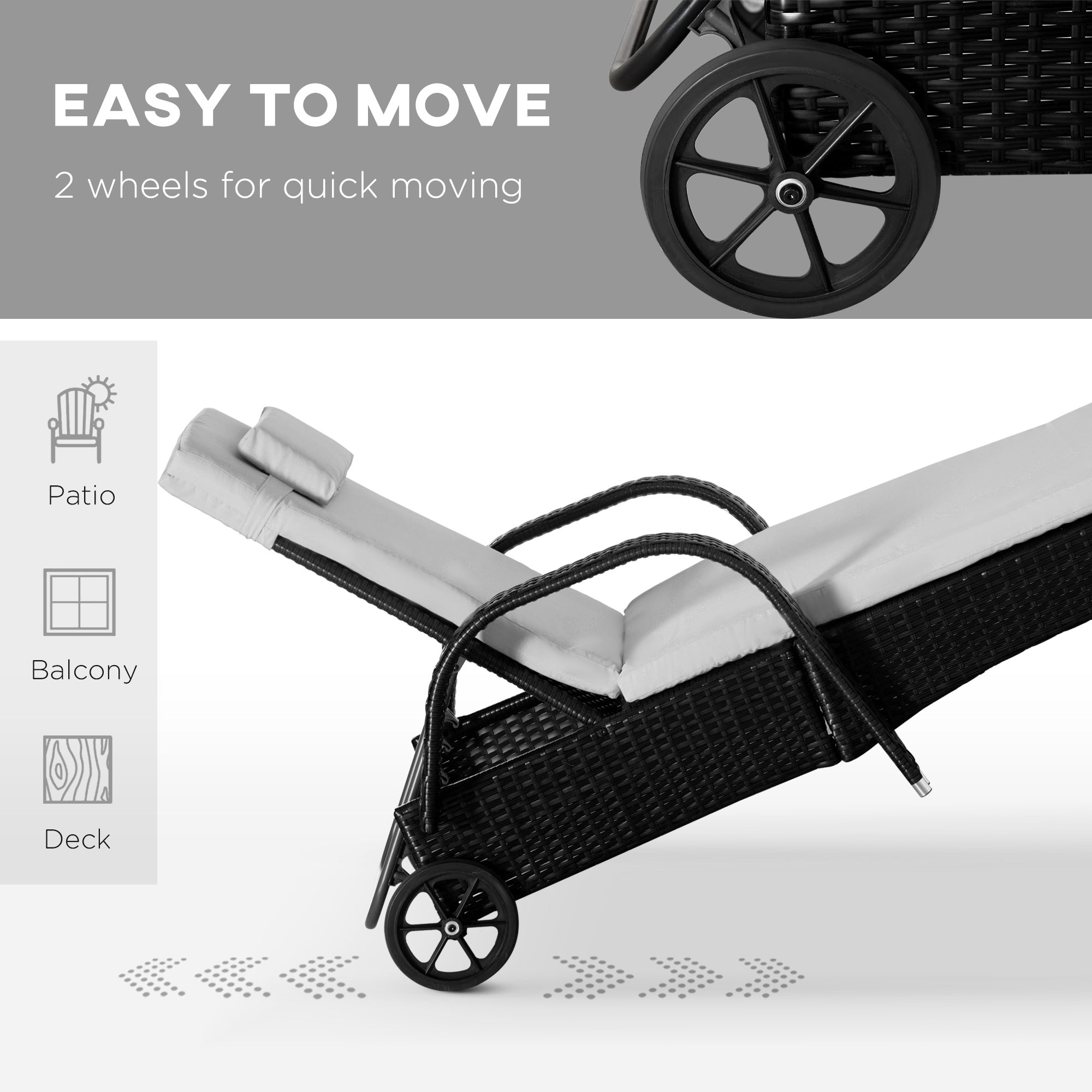 Outsunny 3 Pieces Patio Rattan Lounge Set Wheeled Wicker Chaise Lounge Chair Set Reclining Lounger Adjustable Black Cream White