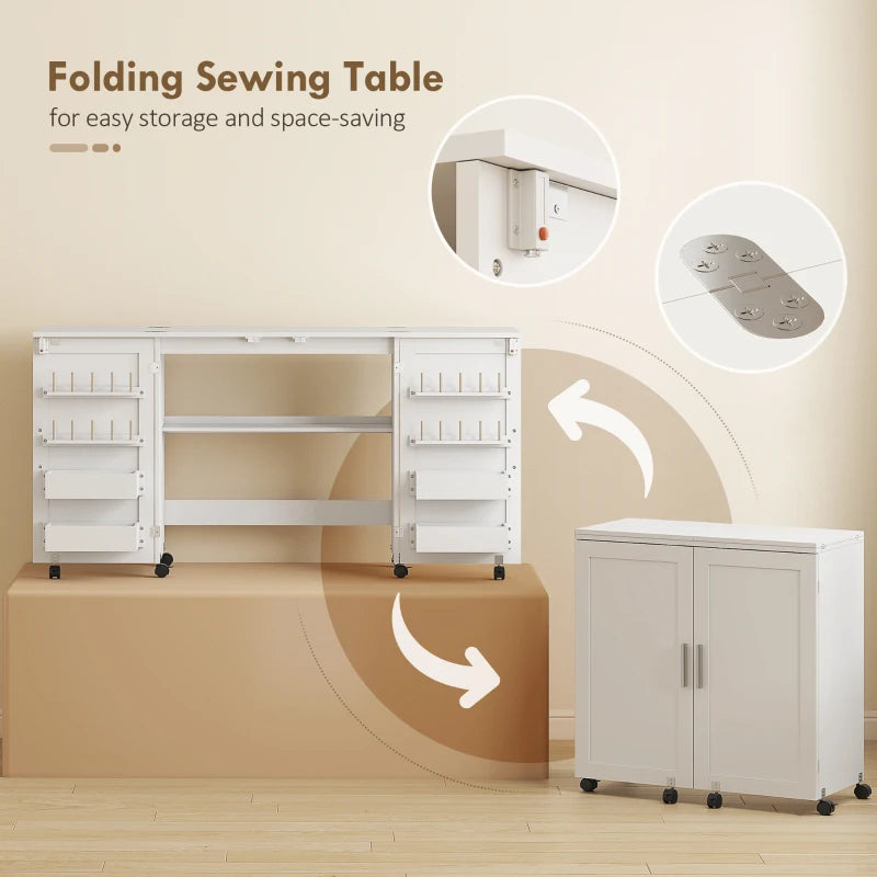 Folding Craft Table, Rolling Sewing Machine Table with Magnetic Doors, Bins, Pegs, Storage Shelf, Lockable Wheels, White