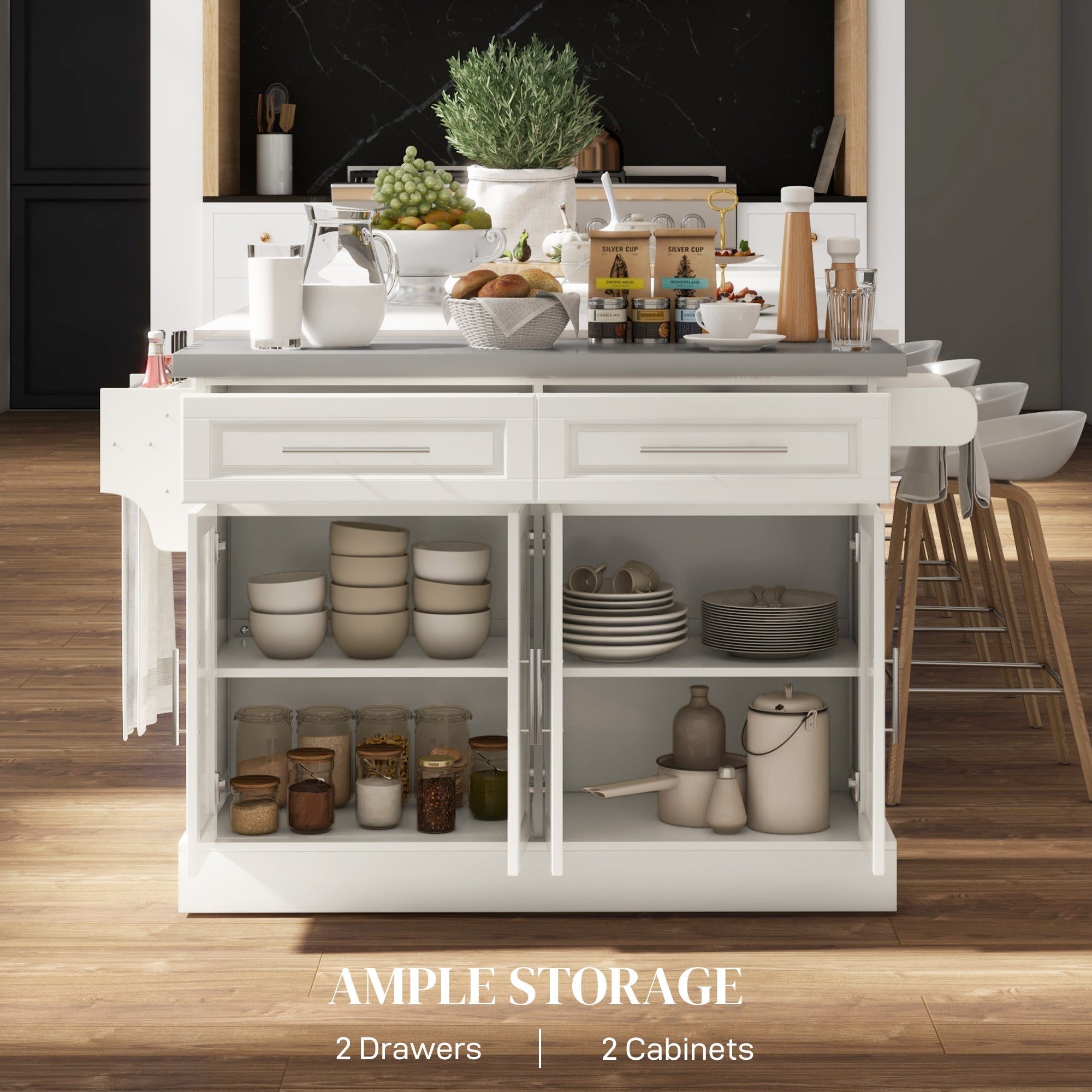 HOMCOM Rolling Kitchen Island with Storage and Stainless Steel Top, Kitchen Trolley with Drawers, Cabinets, Towel Rack, Cream