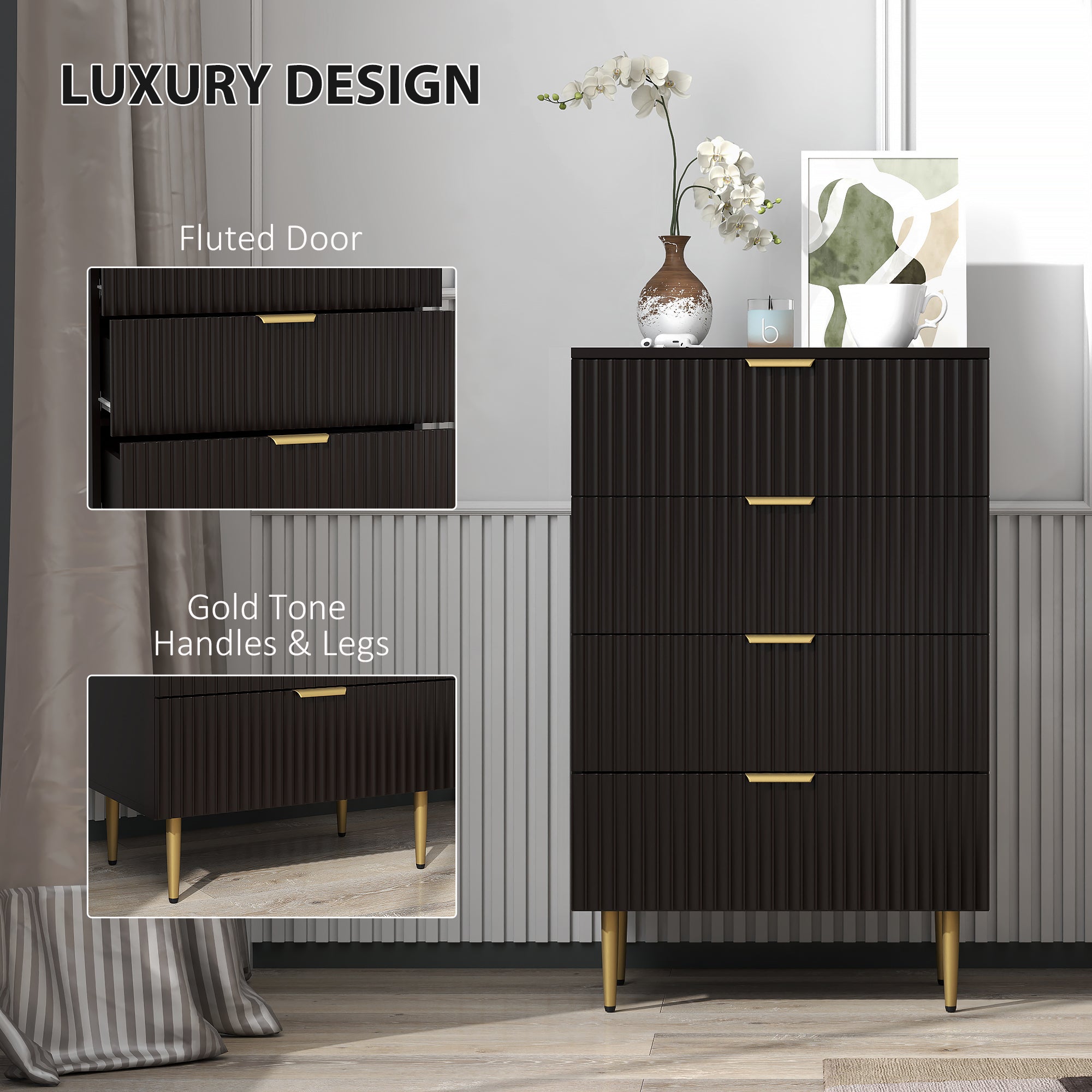 HOMCOM Modern Chest of Drawers 4 Drawer Dresser for Bedroom with Gold Legs and Handles, Black