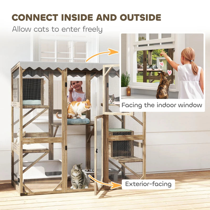 Wooden Catio Outdoor with Window Access, Waterproof Cover, Relaxing Condo, 5 Platforms, Doors, 59" x 28" x 59", Brown
