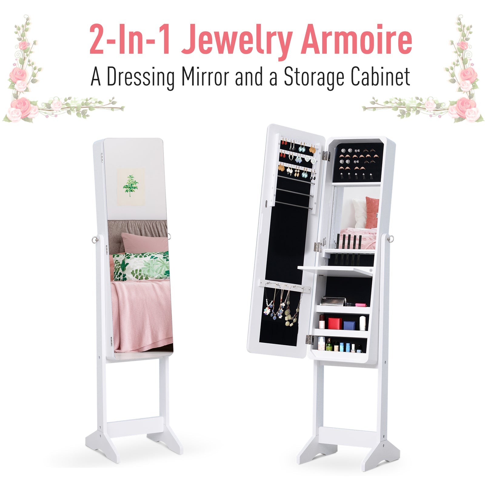 HOMCOM Mirrored Jewelry Armoire LED Lights Freestanding Organizer Adjustable Angle Lockable Cabinet White