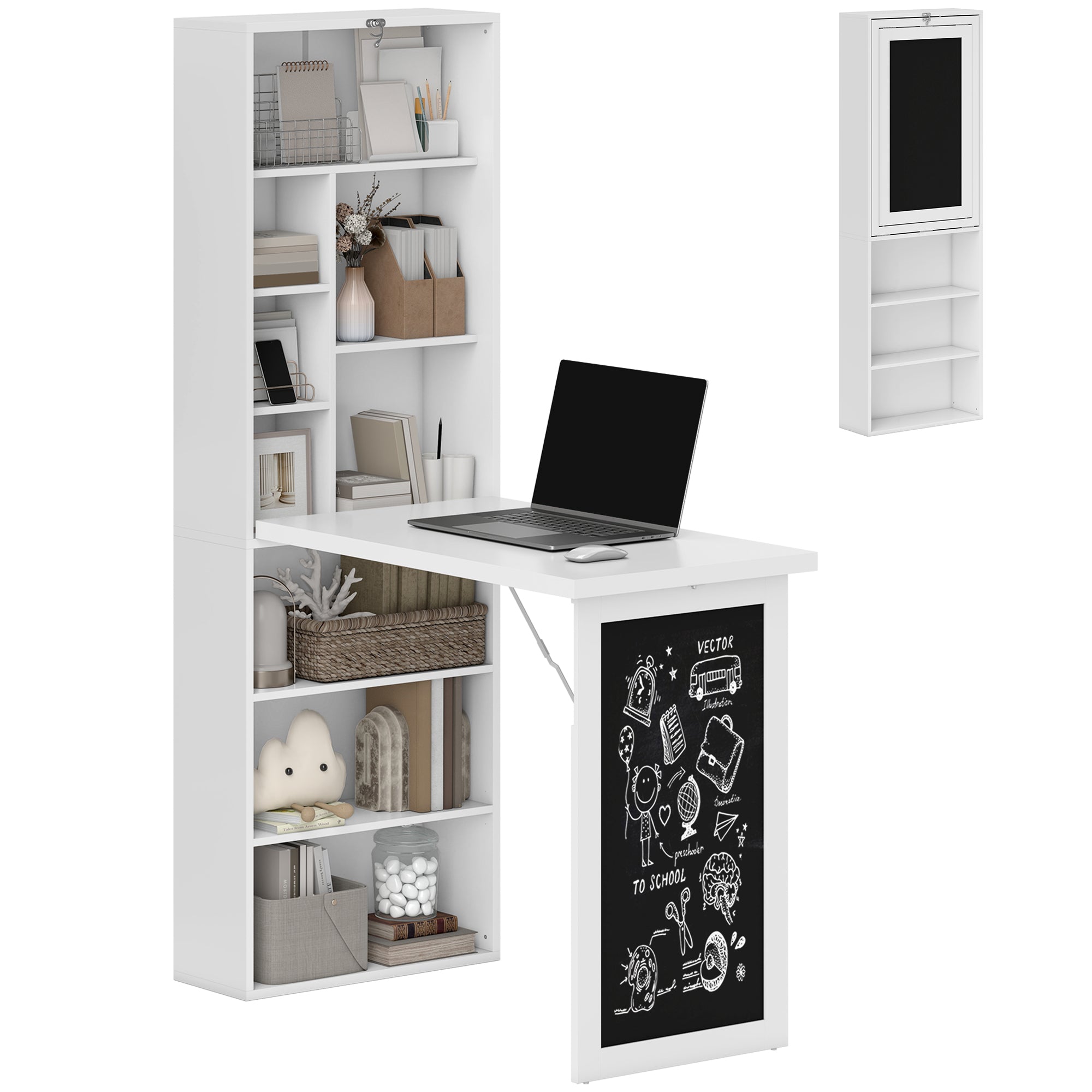 Wall Mounted Fold-Out Convertible Office Desk with Storage Shelves & Blackboard – White