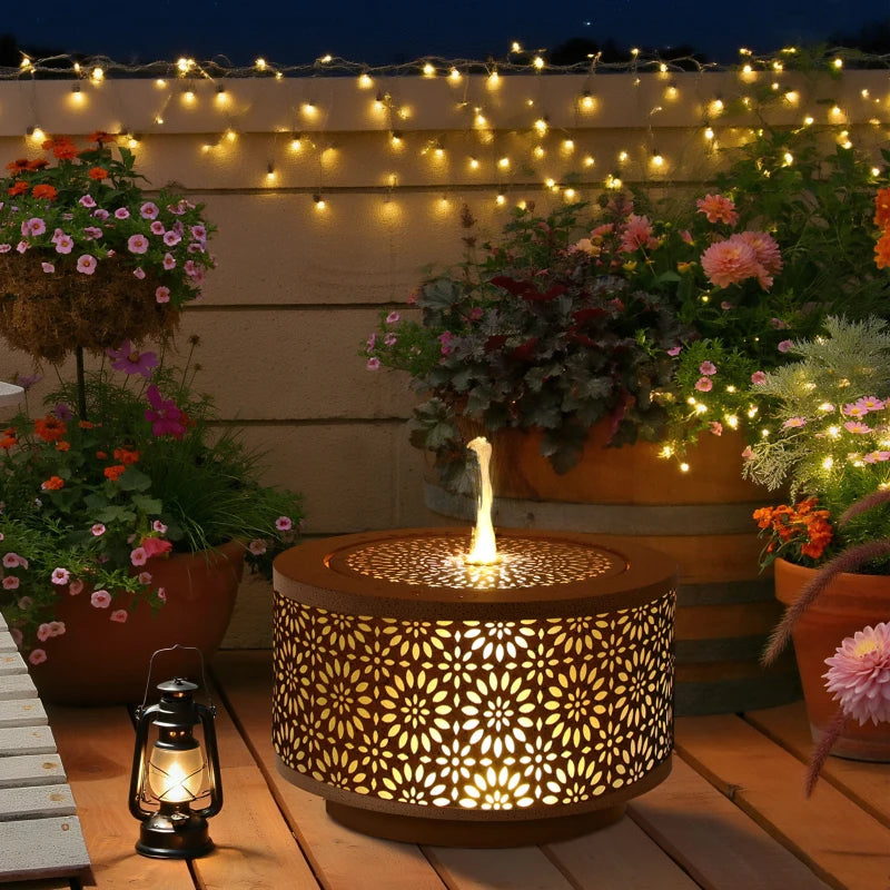 Outdoor Water Fountain with LED Lights, 10" Tall Garden Waterfall Fountain with Adjustable Flow, Brown