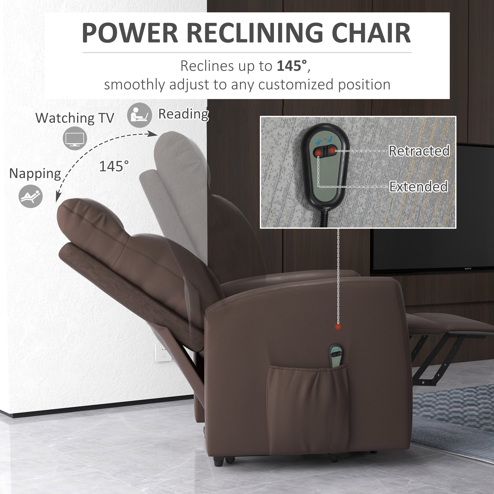 HOMCOM Power Lift Recliner Chair with Remote Control Side Pocket for Living Room Home Office Study Brown
