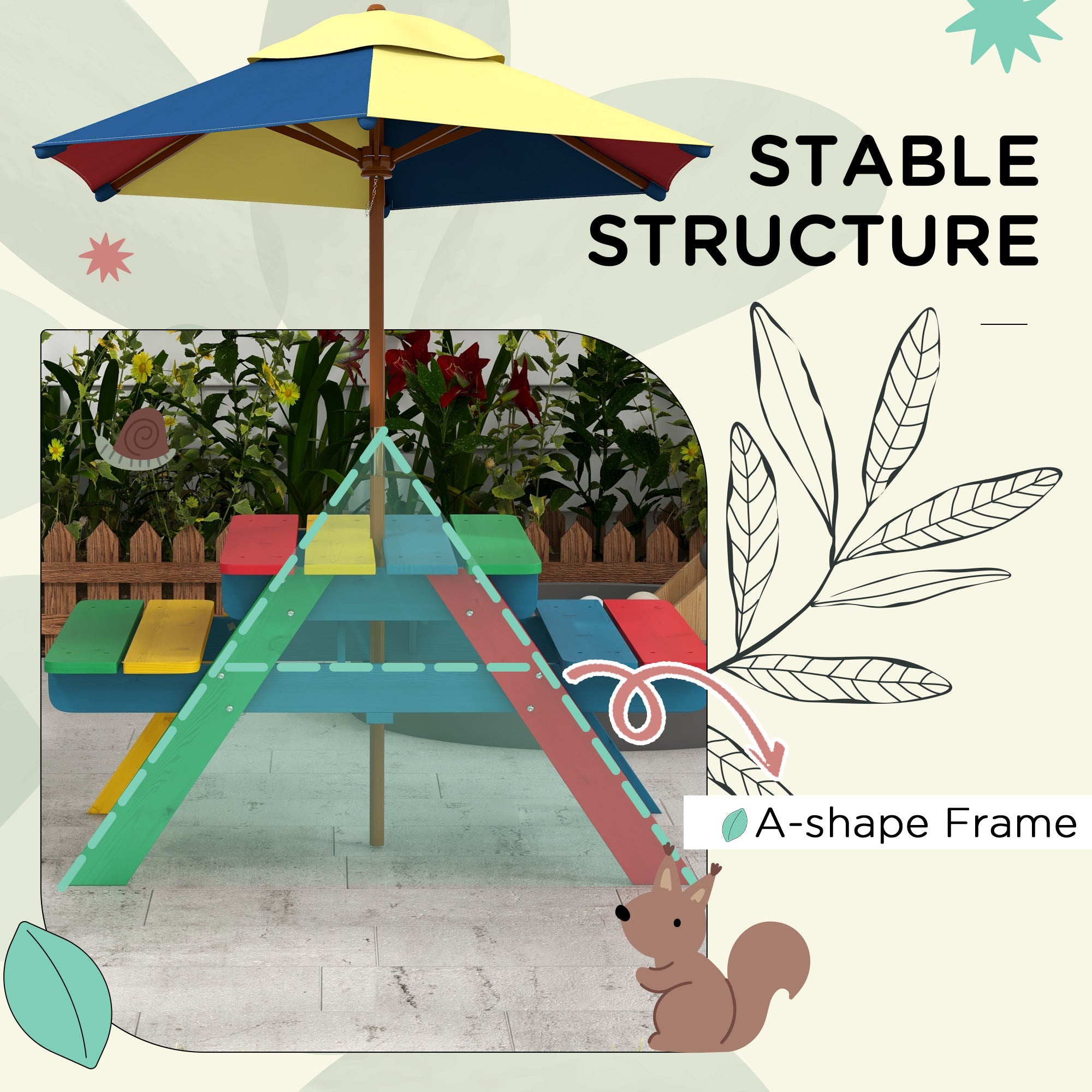 Outsunny Kids Wooden Picnic Table Bench Set with Removable Umbrella, Ideal for Backyard, Garden, Ages 3-6