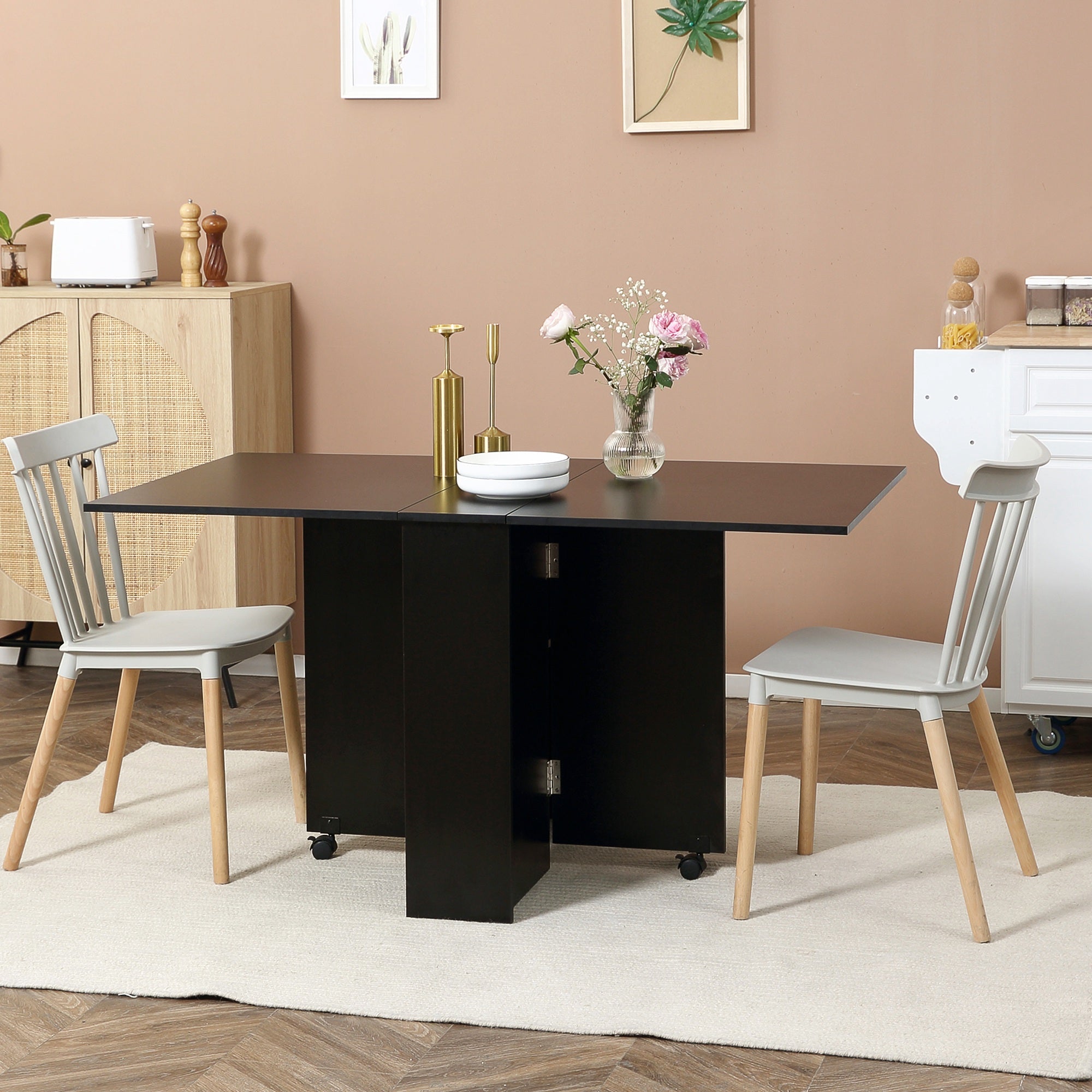 HOMCOM Folding Dining Table Extendable Movable Drop Leaf with Shelves Casters Black for Small Spaces