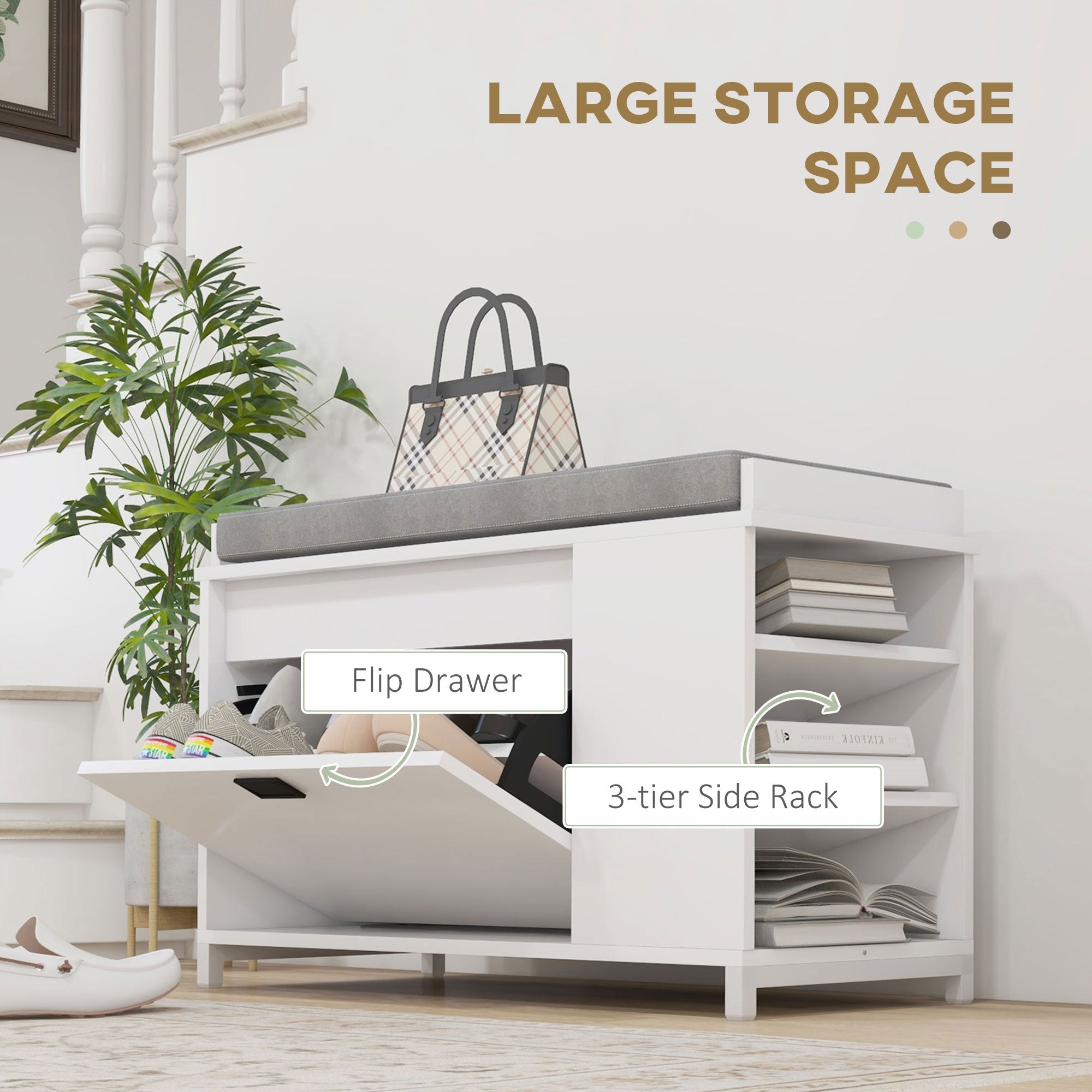 HOMCOM Hallway Bench with Shoe Storage Seat White Upholstered Flip Drawer Side Rack for 6 Pairs